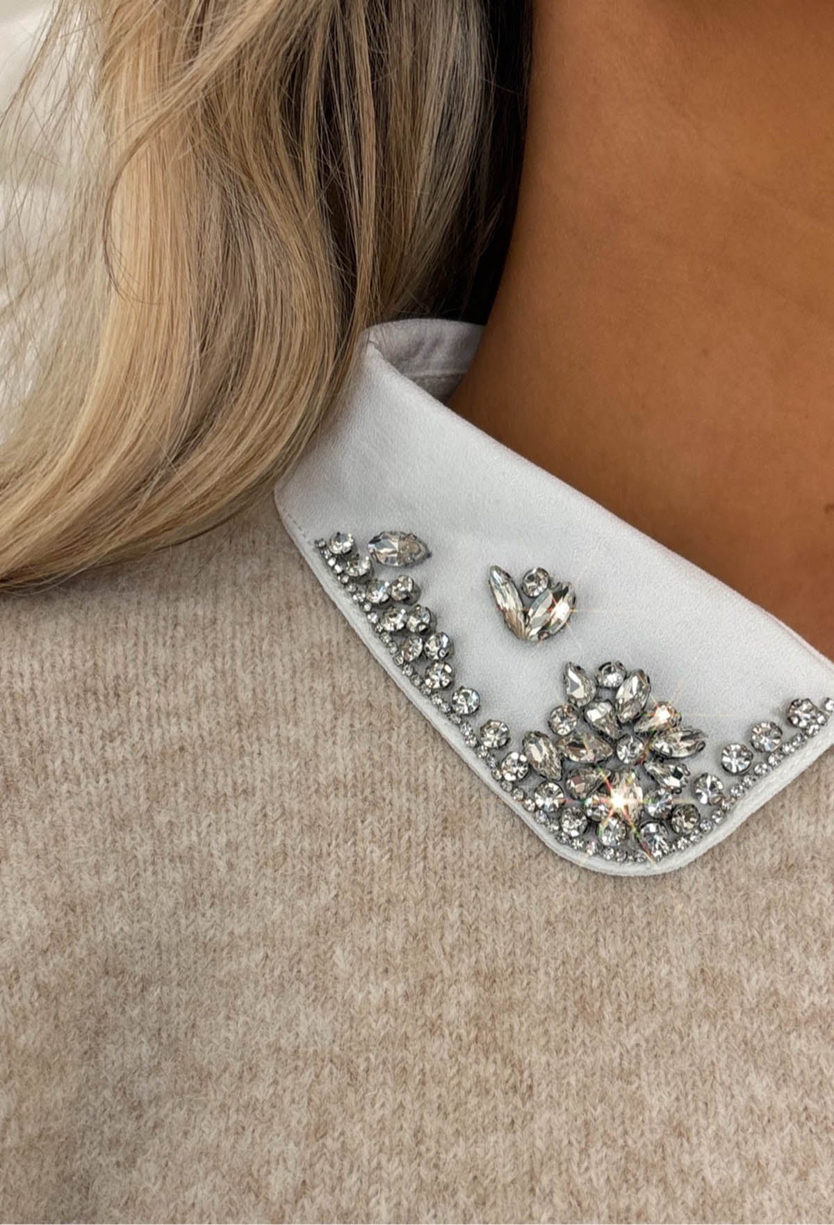 Soft Aura Beige Diamond Collar Embellished Jumper