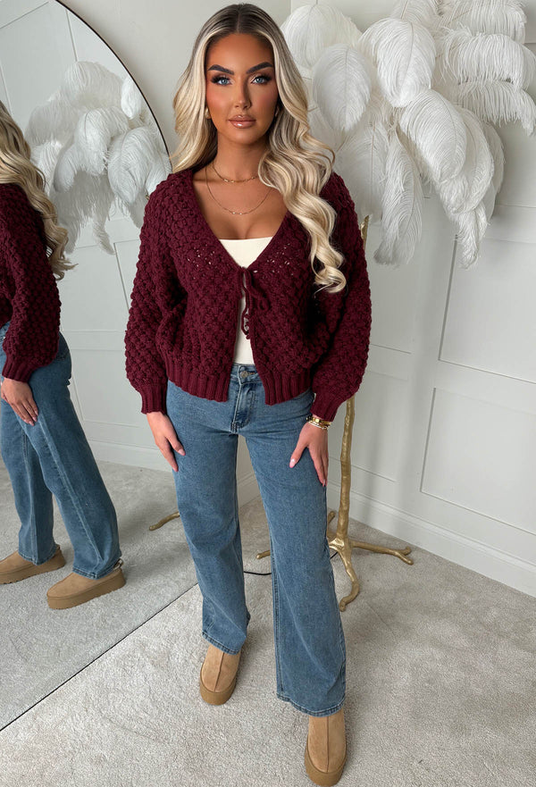 5010102 Wine Printed Button Cardigan