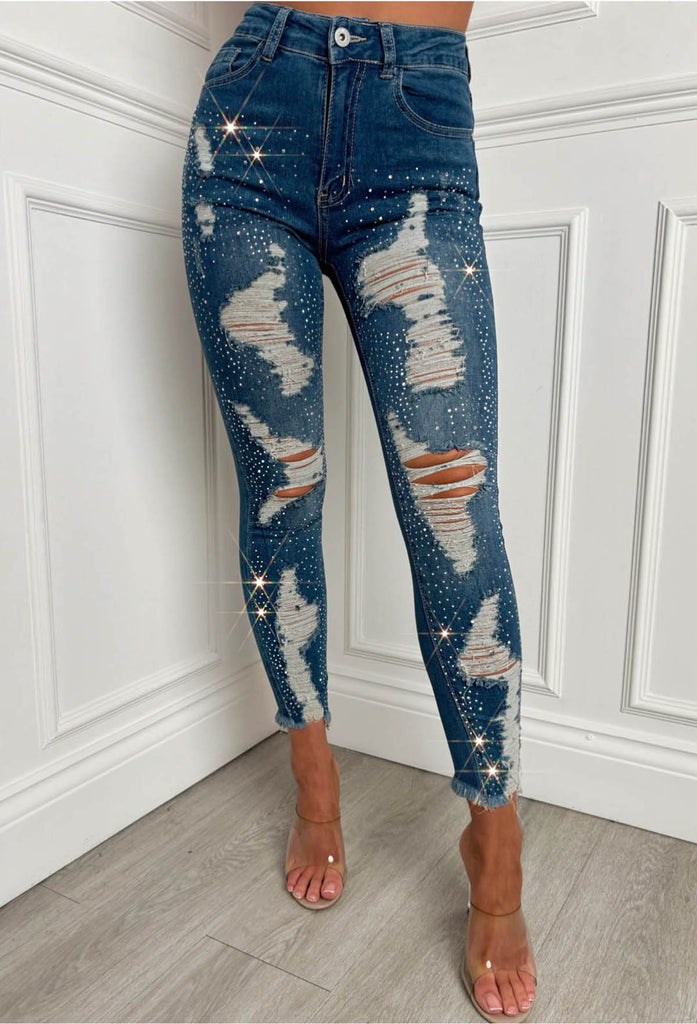 Sparkle Days Dark Blue Sparkle Ripped Stretch Jeans | Pink Boutique ...