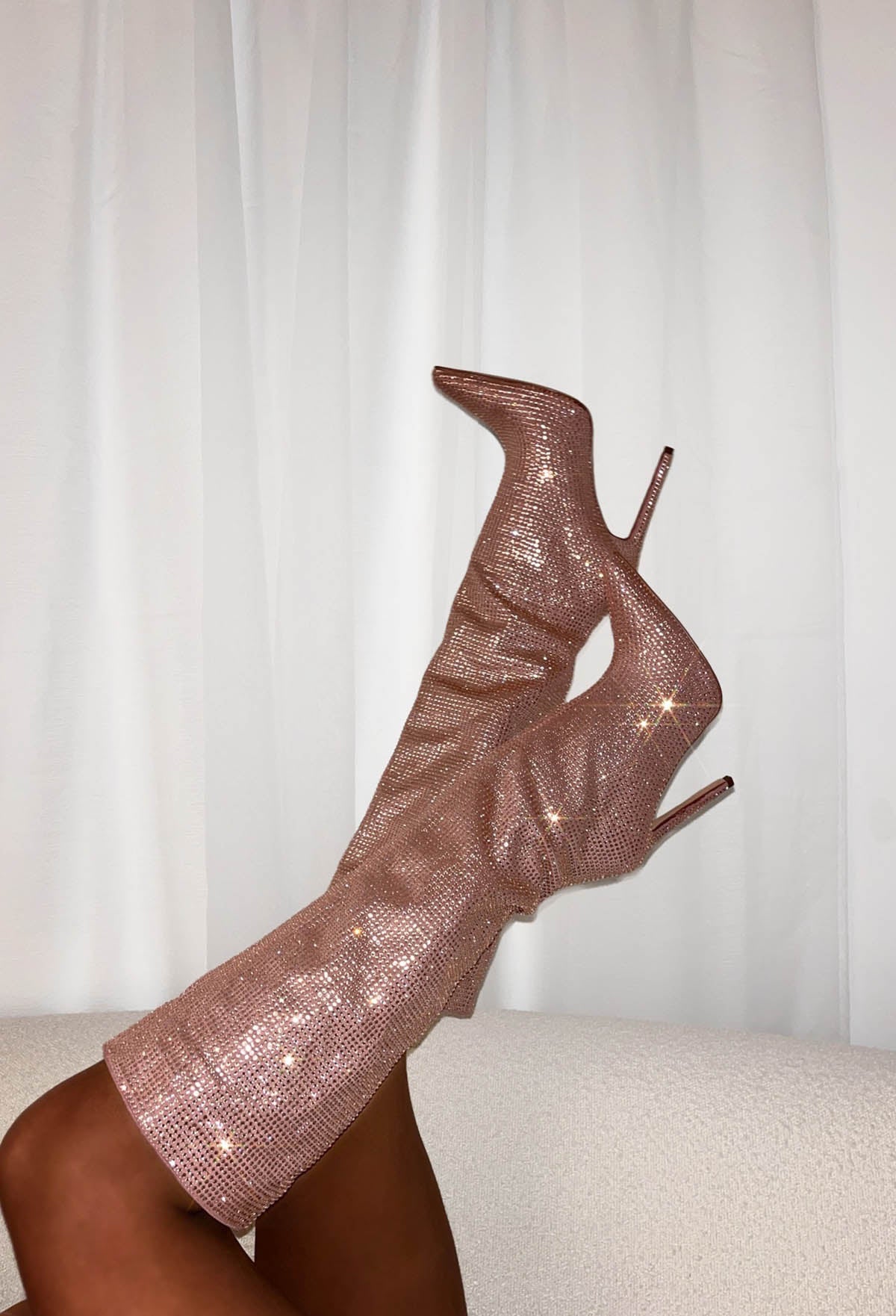 Sparkle Era Rose Gold Diamante Knee High Boots