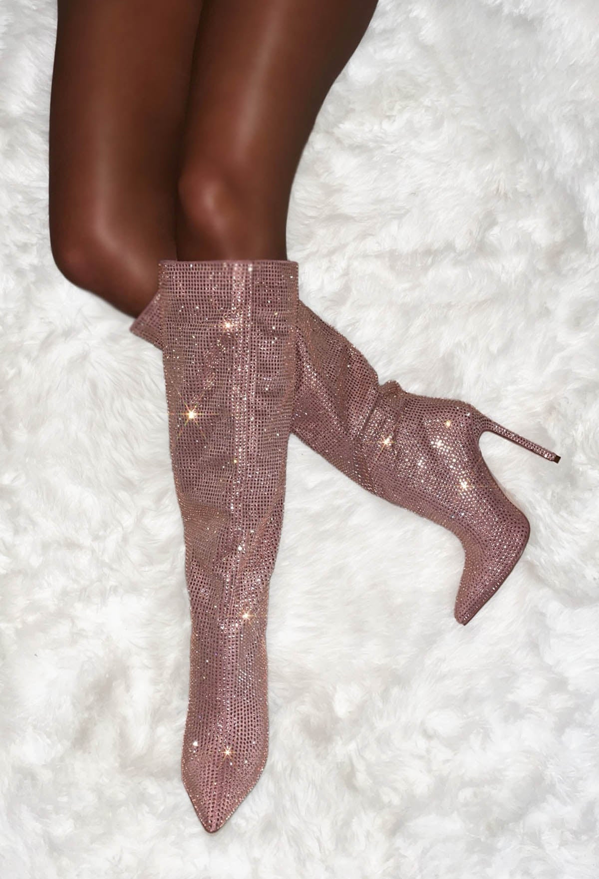 Sparkle Era Rose Gold Diamante Knee High Boots