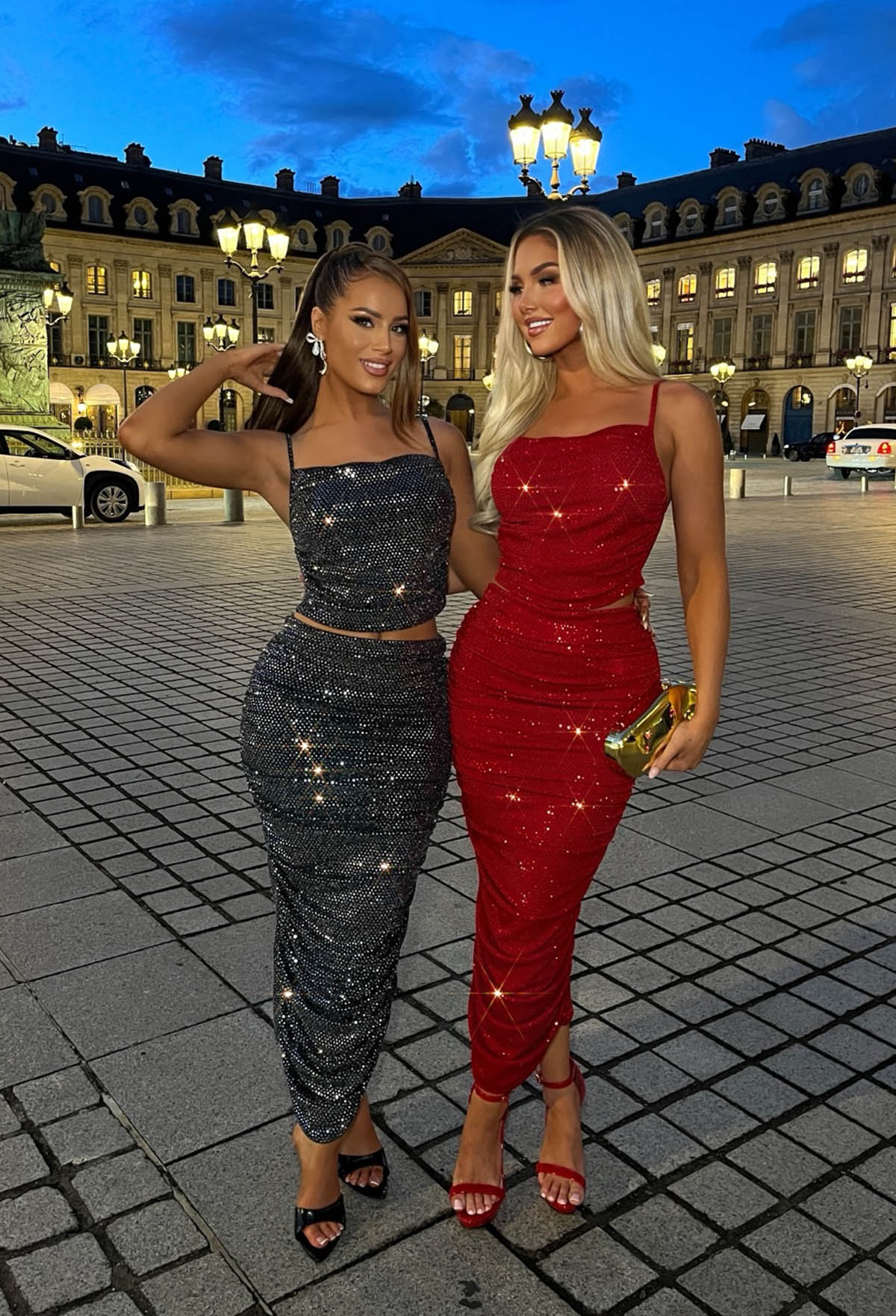 Sparkling Delight Red Sequin Foil Ruched Midi Skirt Co-Ord Set