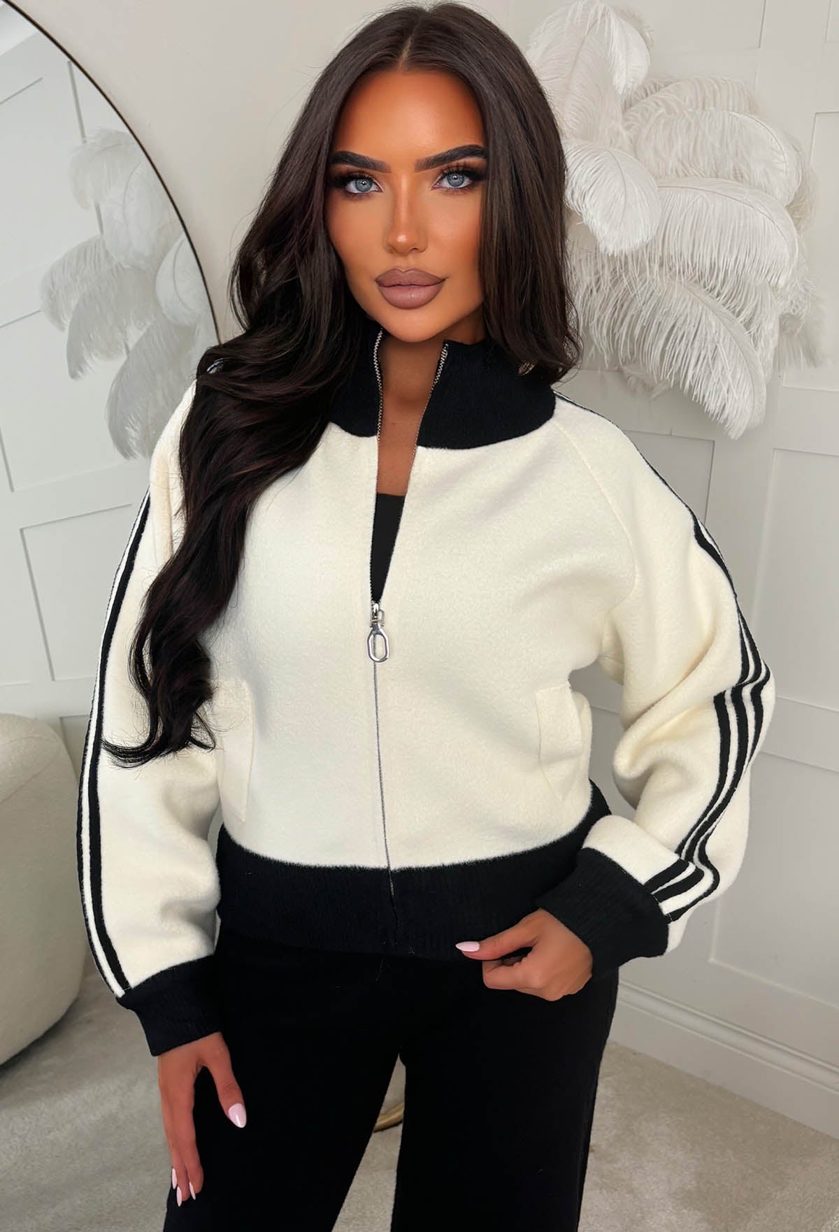 Sporty & Chic Cream Contrast Deep Rib Collared Zip Up Cardigan