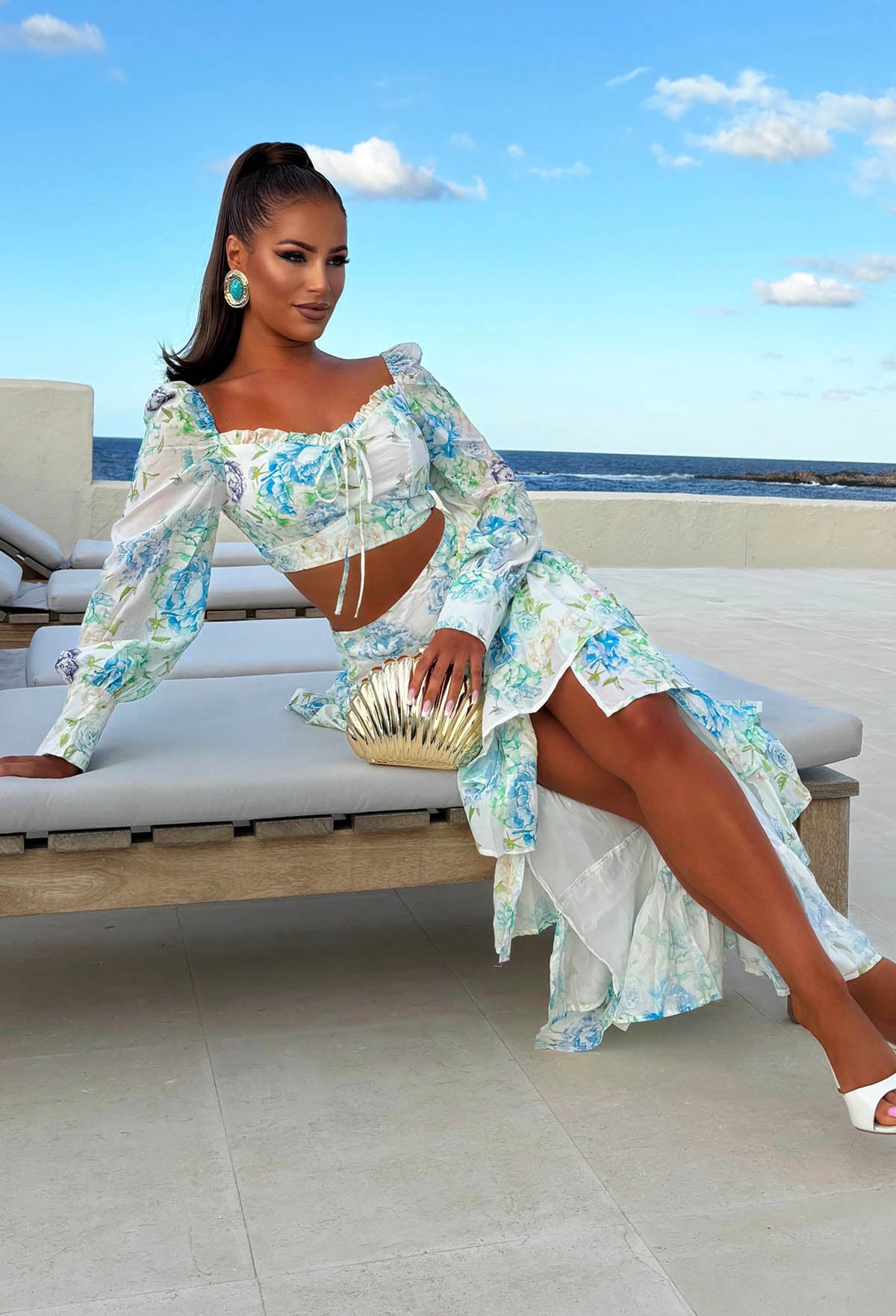 Blue Floral Print Top & Waterfall Skirt Co-ord Set Full Length Front View