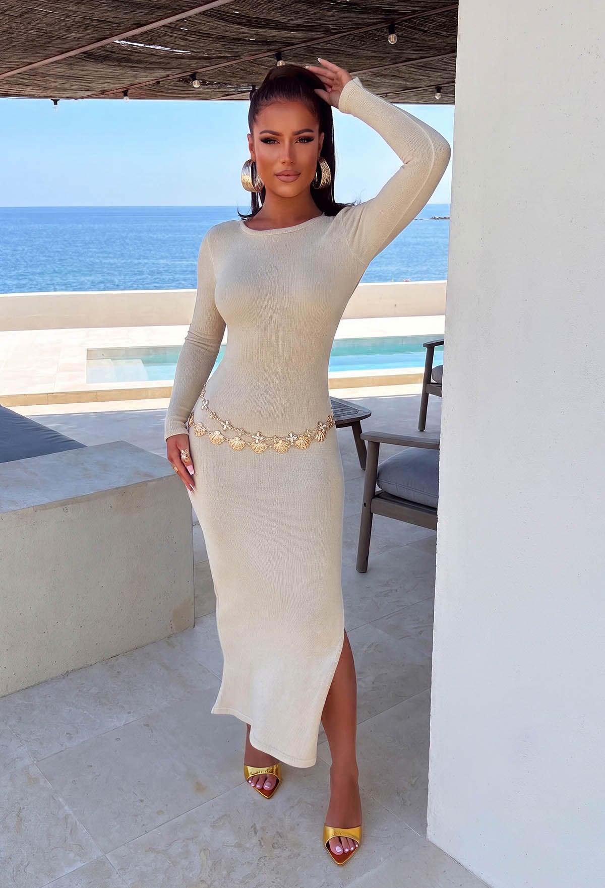 Staring Lady Gold Lurex Backless Knitted Dress