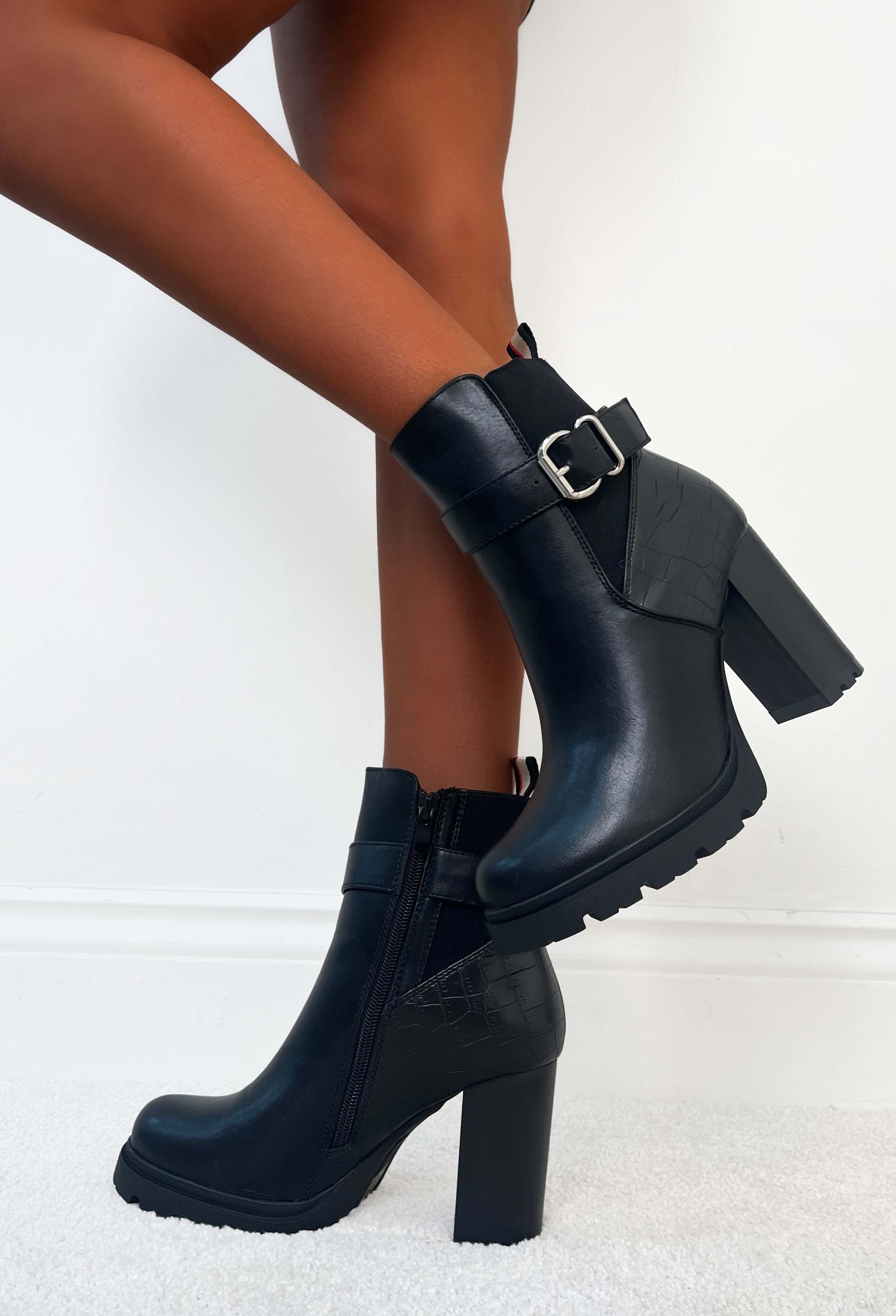 Step In Time Black Faux Croc. Buckle Block Heel Boots