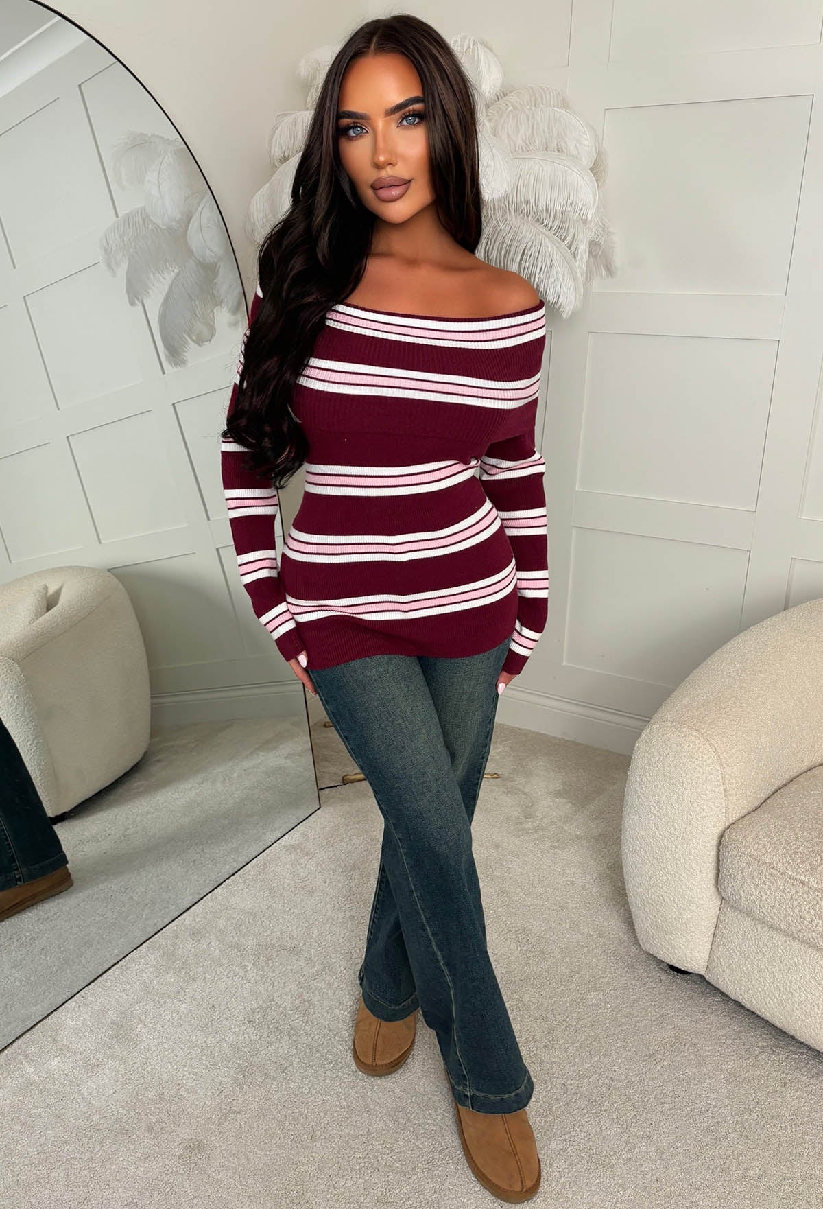 Striped Adorer Burgundy Striped Bardot Foldover Long Sleeve Top