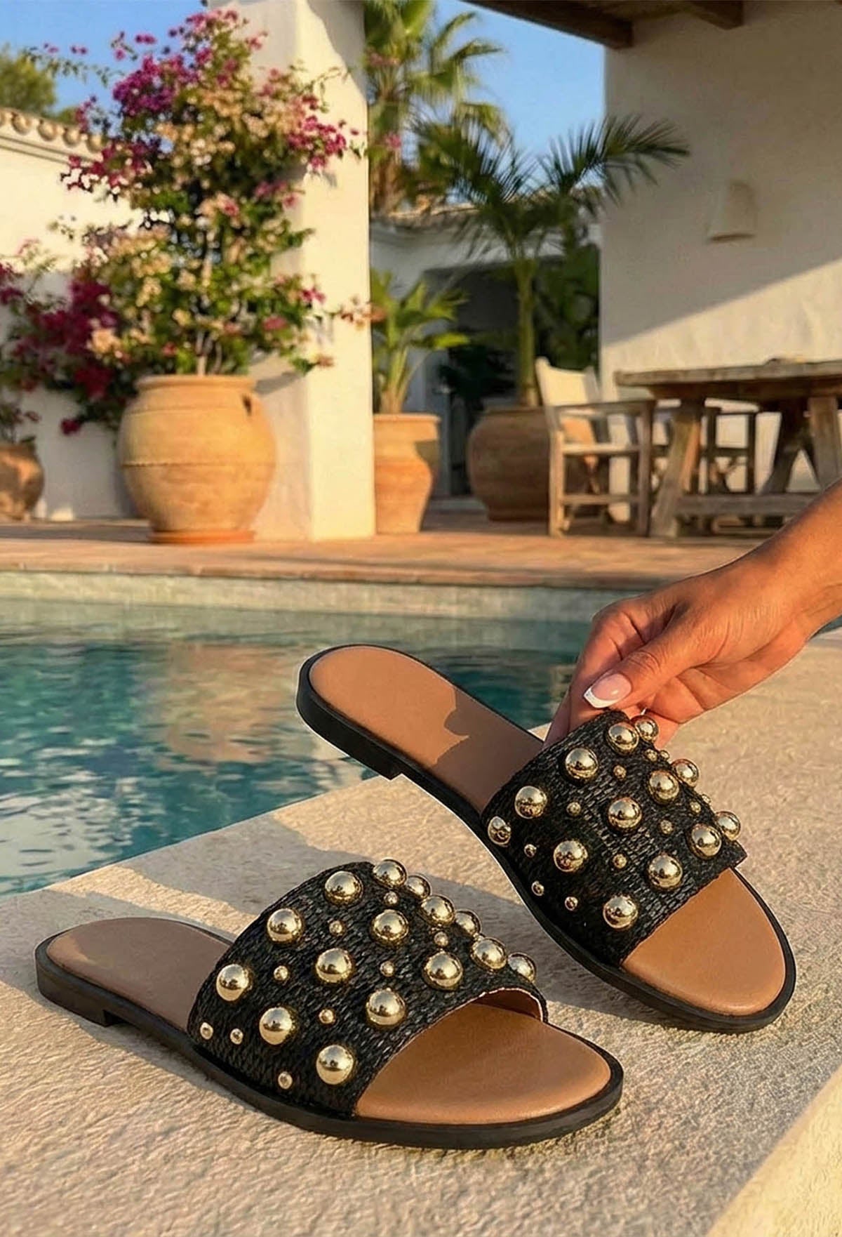 Studded Daydream Black Raffia Studded Sandals