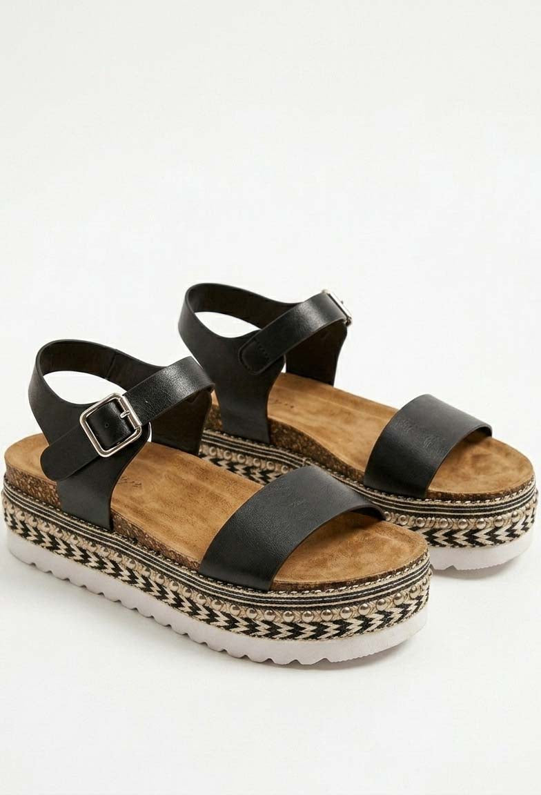 Studded Sass Black Zig Zag Adjustable Platform Sandal
