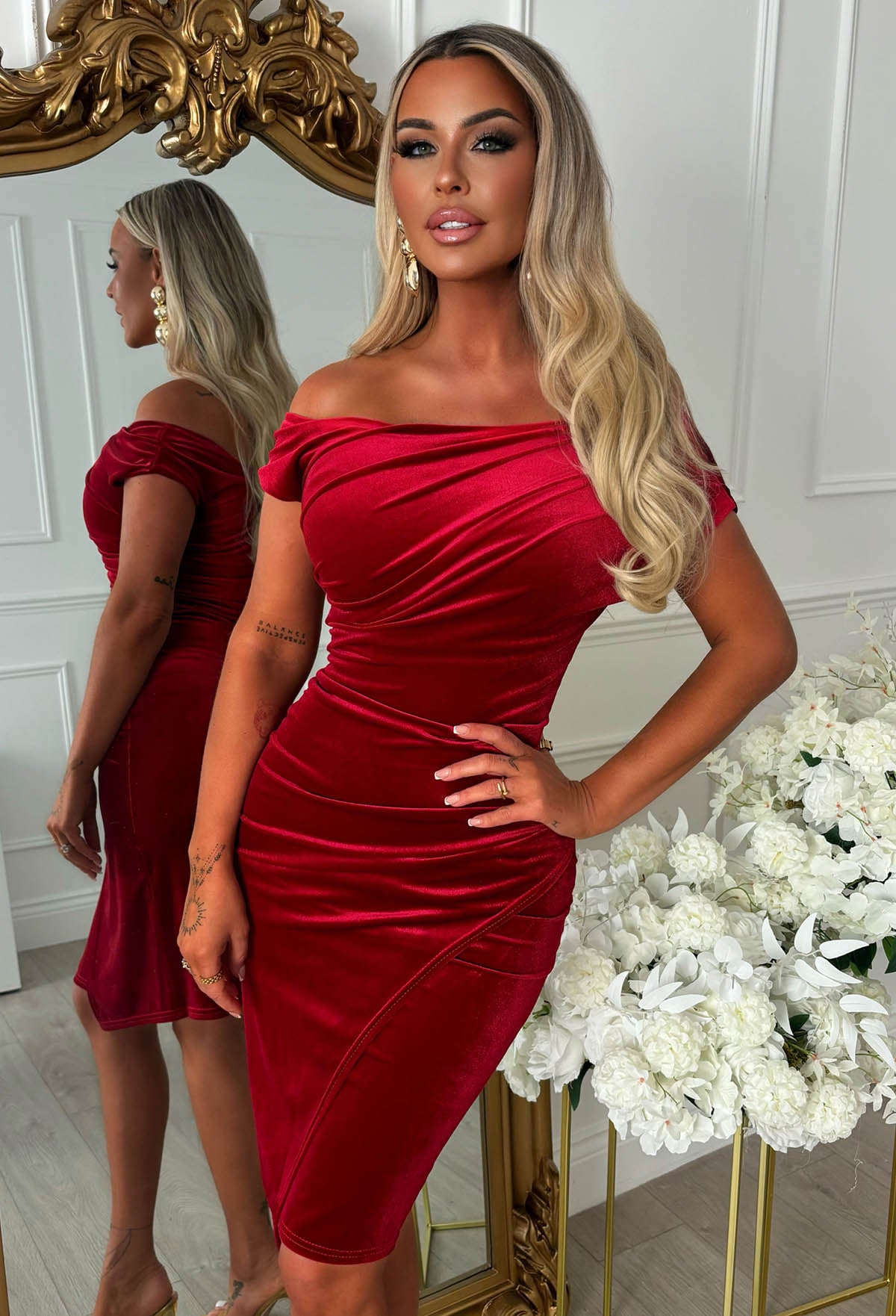 Stunning Sister Red Off The Shoulder Ruched Velvet Midi Dress
