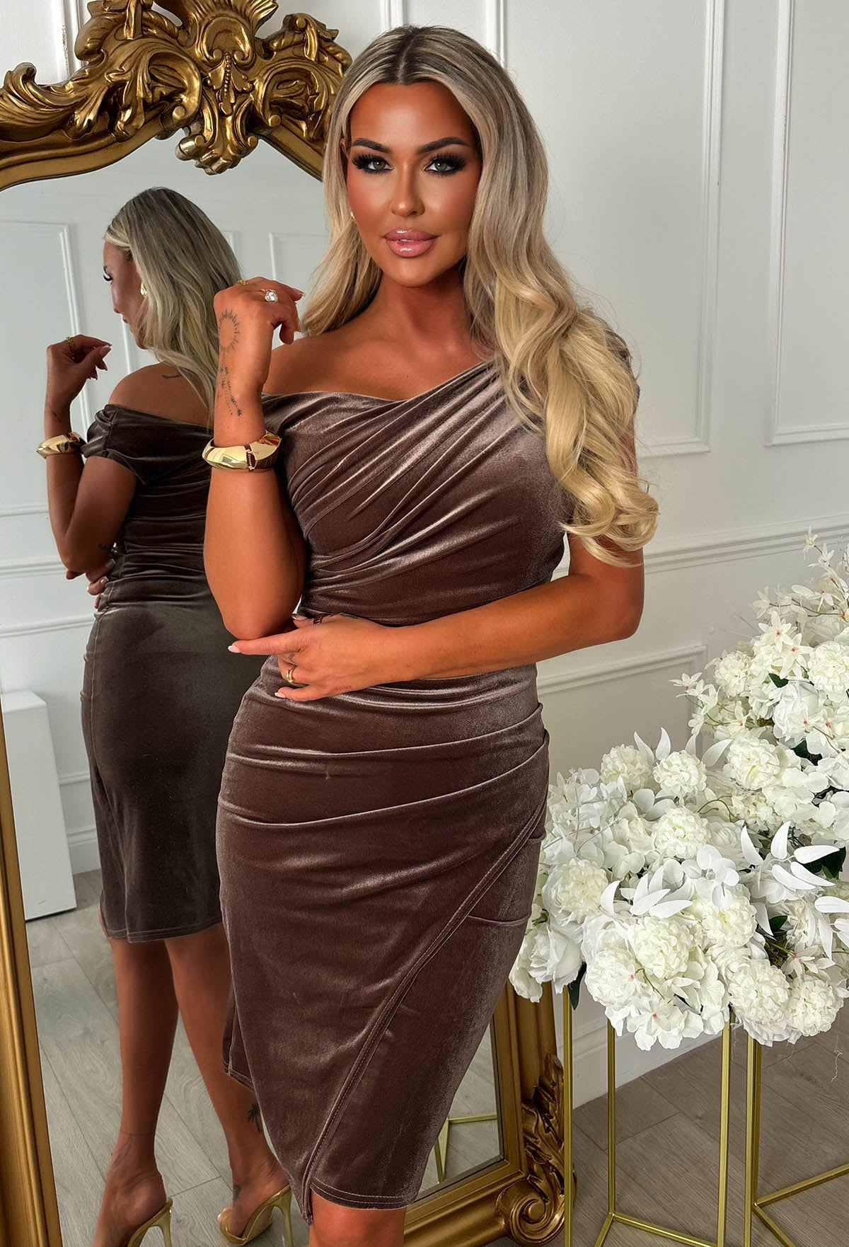 Stunning Sister Taupe Off The Shoulder Ruched Velvet Midi Dress