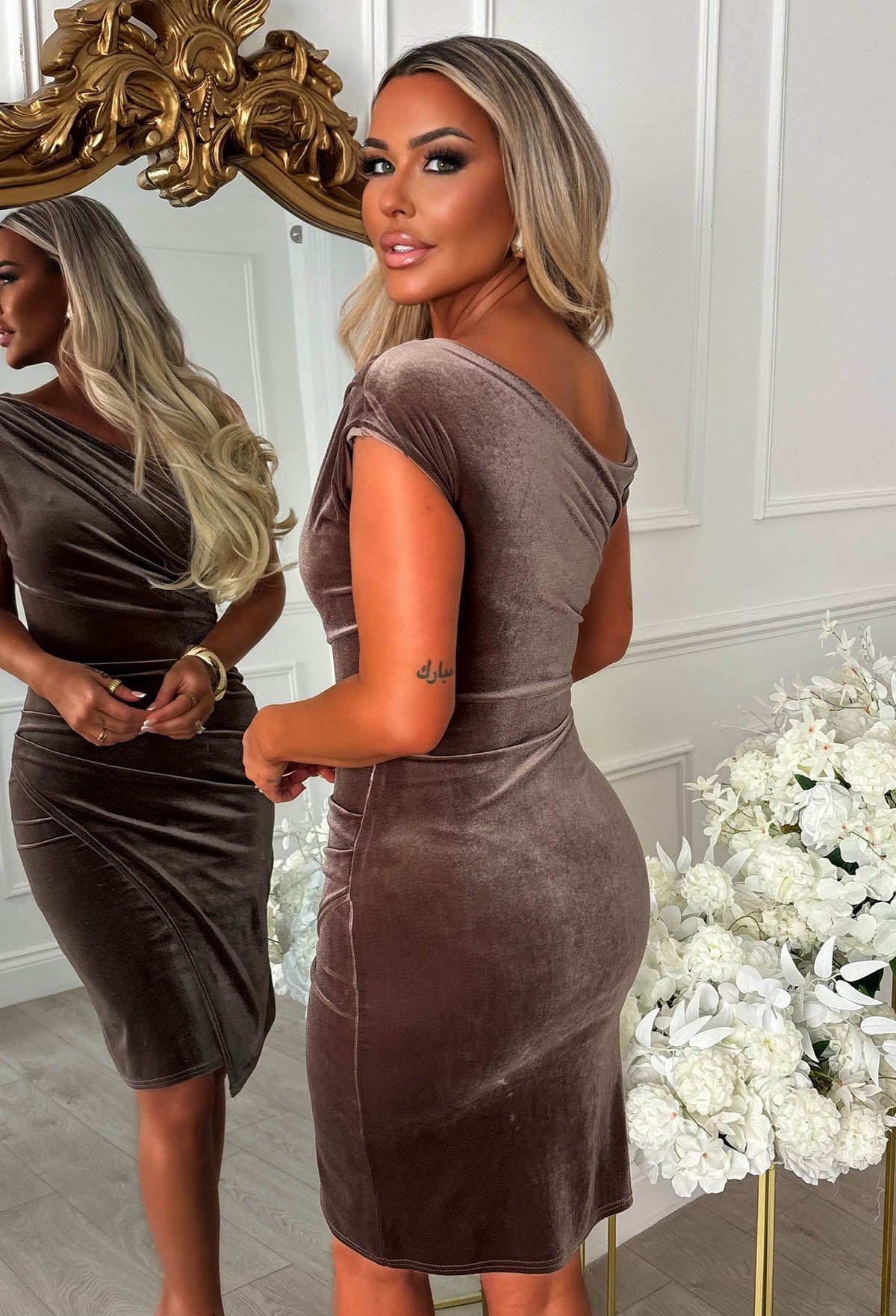 Stunning Sister Taupe Off The Shoulder Ruched Velvet Midi Dress