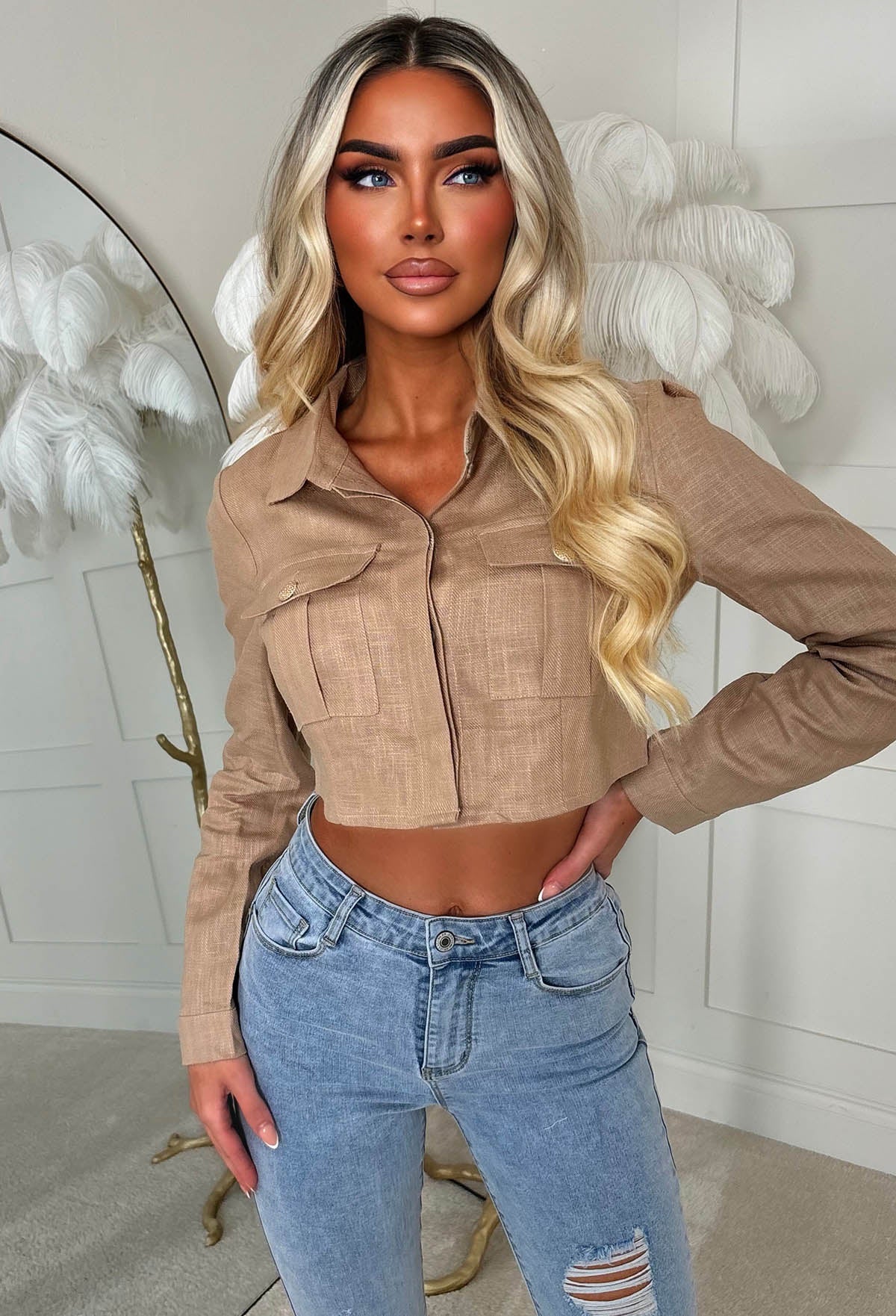  Camel Cropped Linen Jacket Close Up Front View