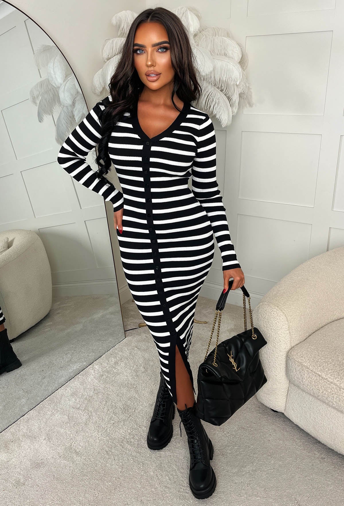 Sugar Crush Black Striped Knitted Midi Dress
