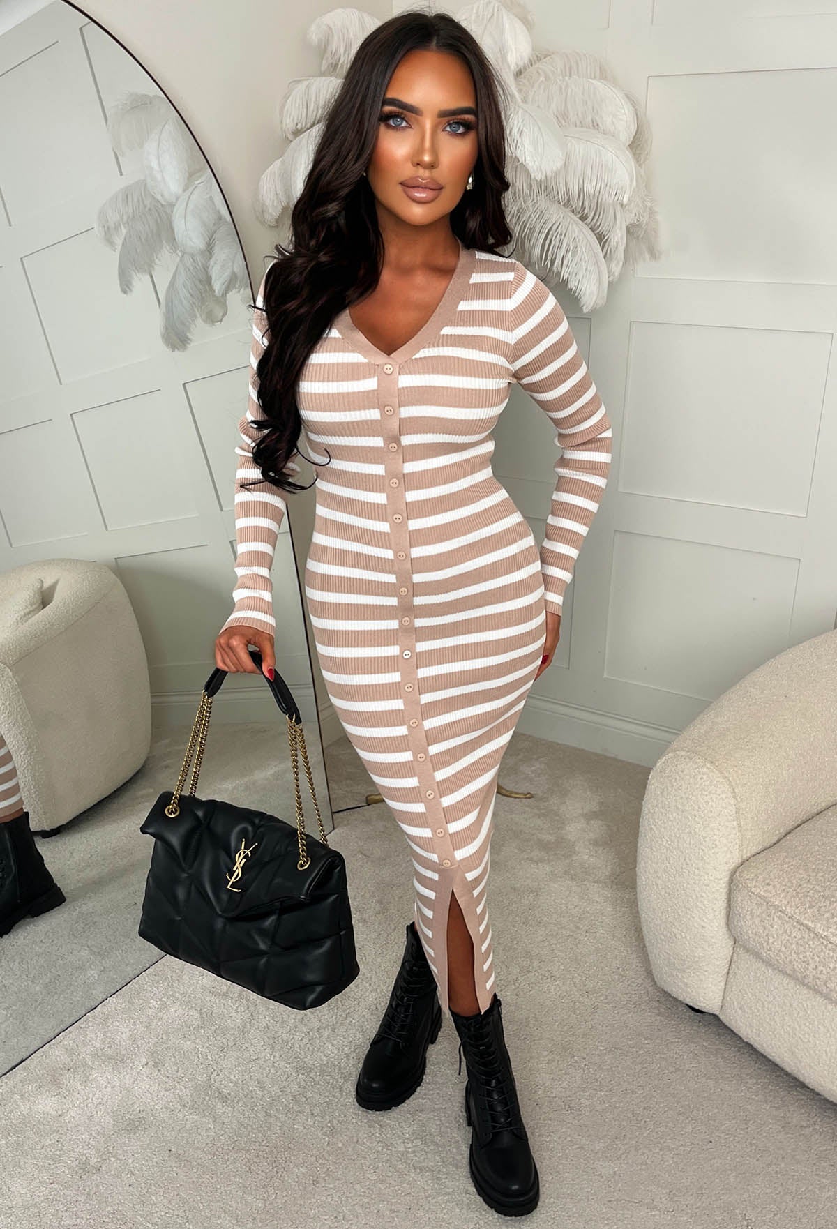 Sugar Crush Mocha Striped Knitted Midi Dress