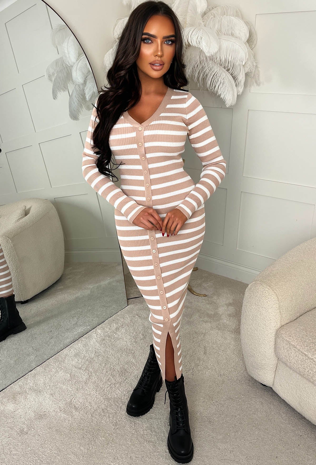 Sugar Crush Mocha Striped Knitted Midi Dress