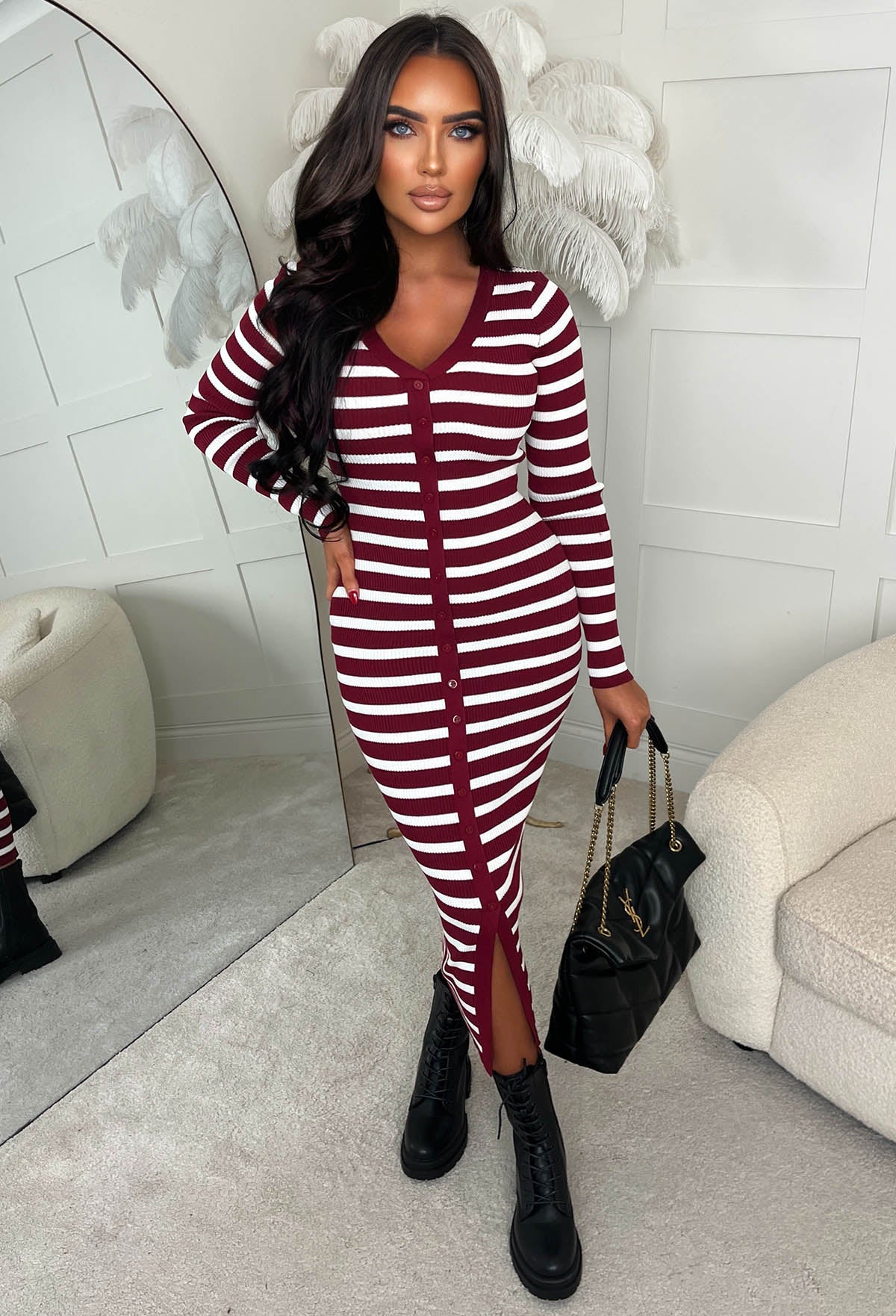 Sugar Crush Wine Striped Knitted Midi Dress