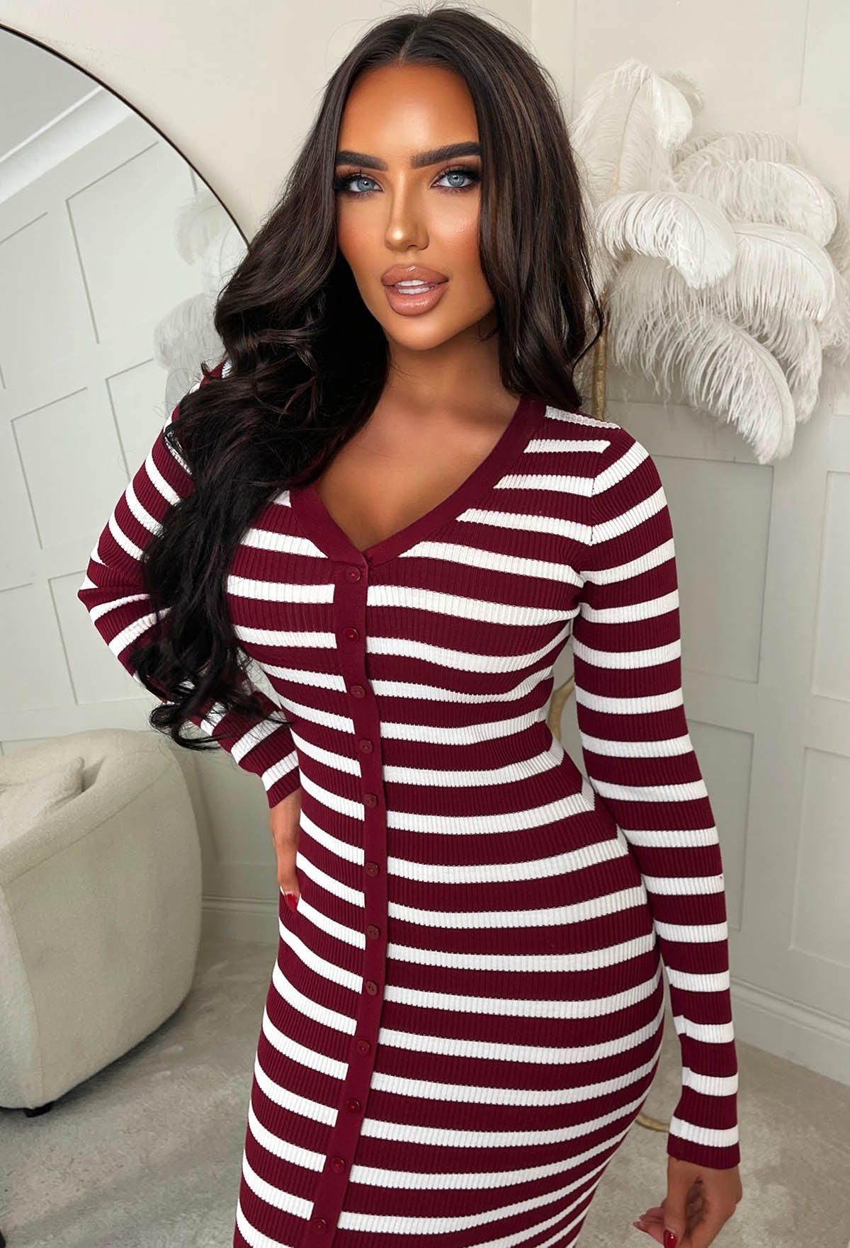 Sugar Crush Wine Striped Knitted Midi Dress