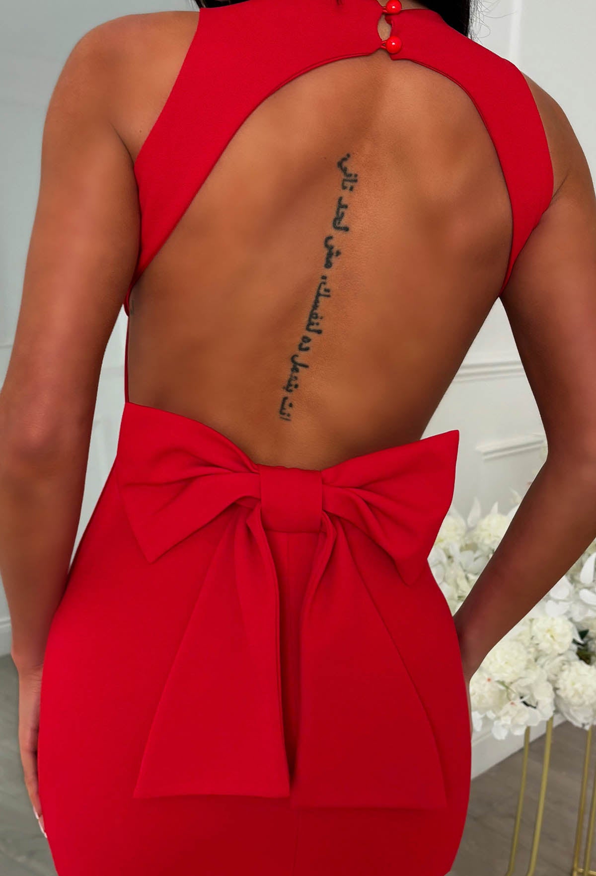 Sultry Siren Red Bow Back Midi Pencil Dress