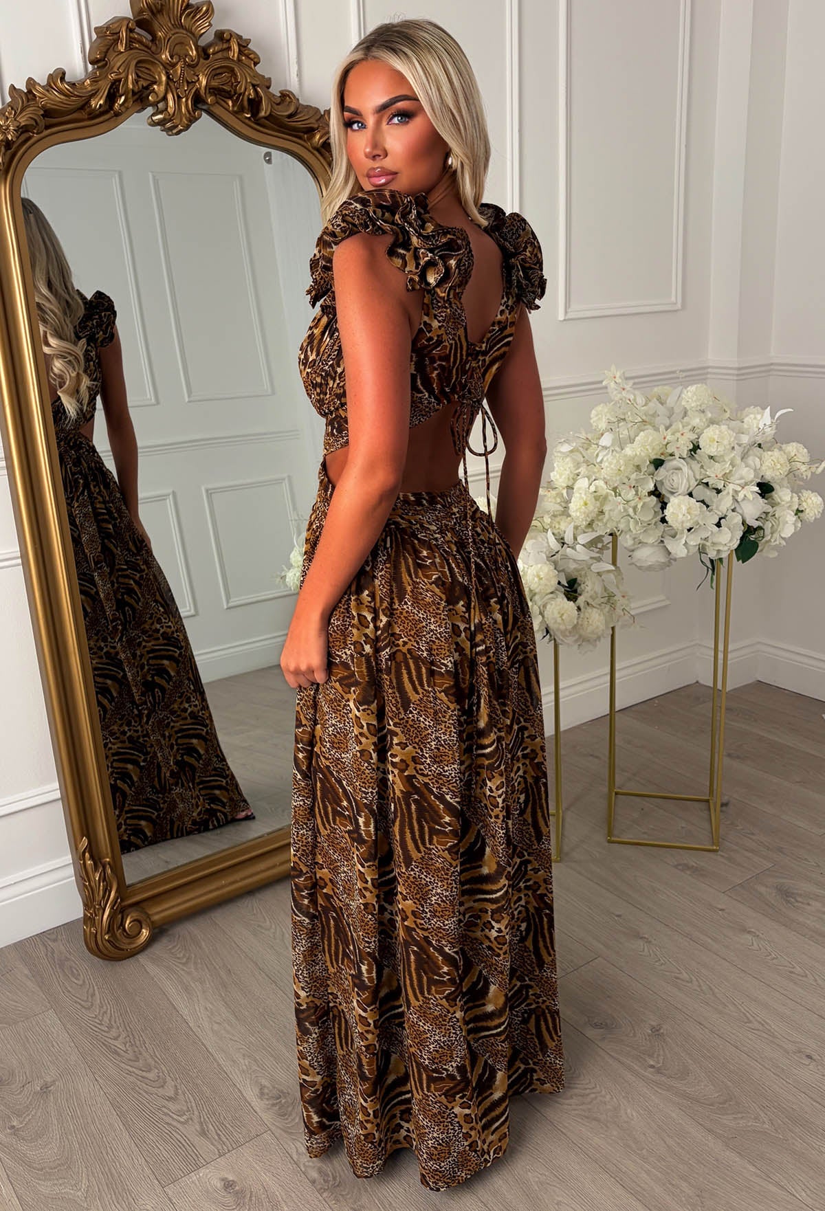Brown Leopard Print Cut Out Ruffle Shoulder Maxi Dress Full Length Back View 