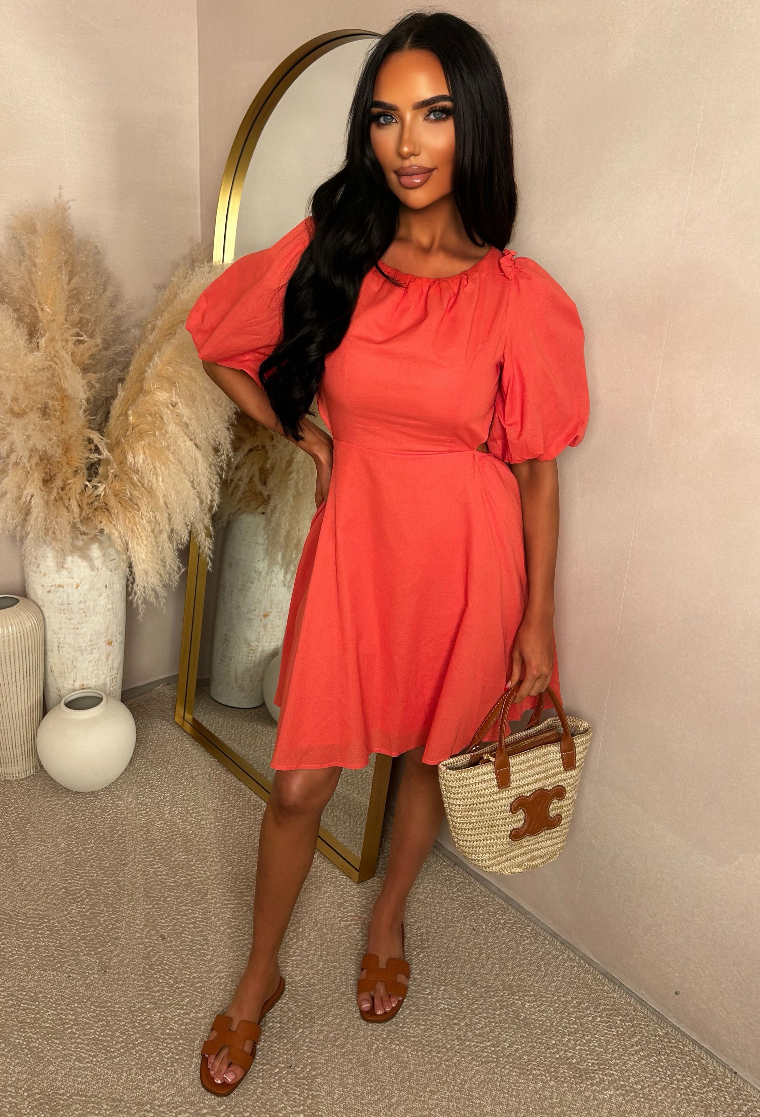 Sunbeam Babe Coral Puff Sleeve Mini Dress