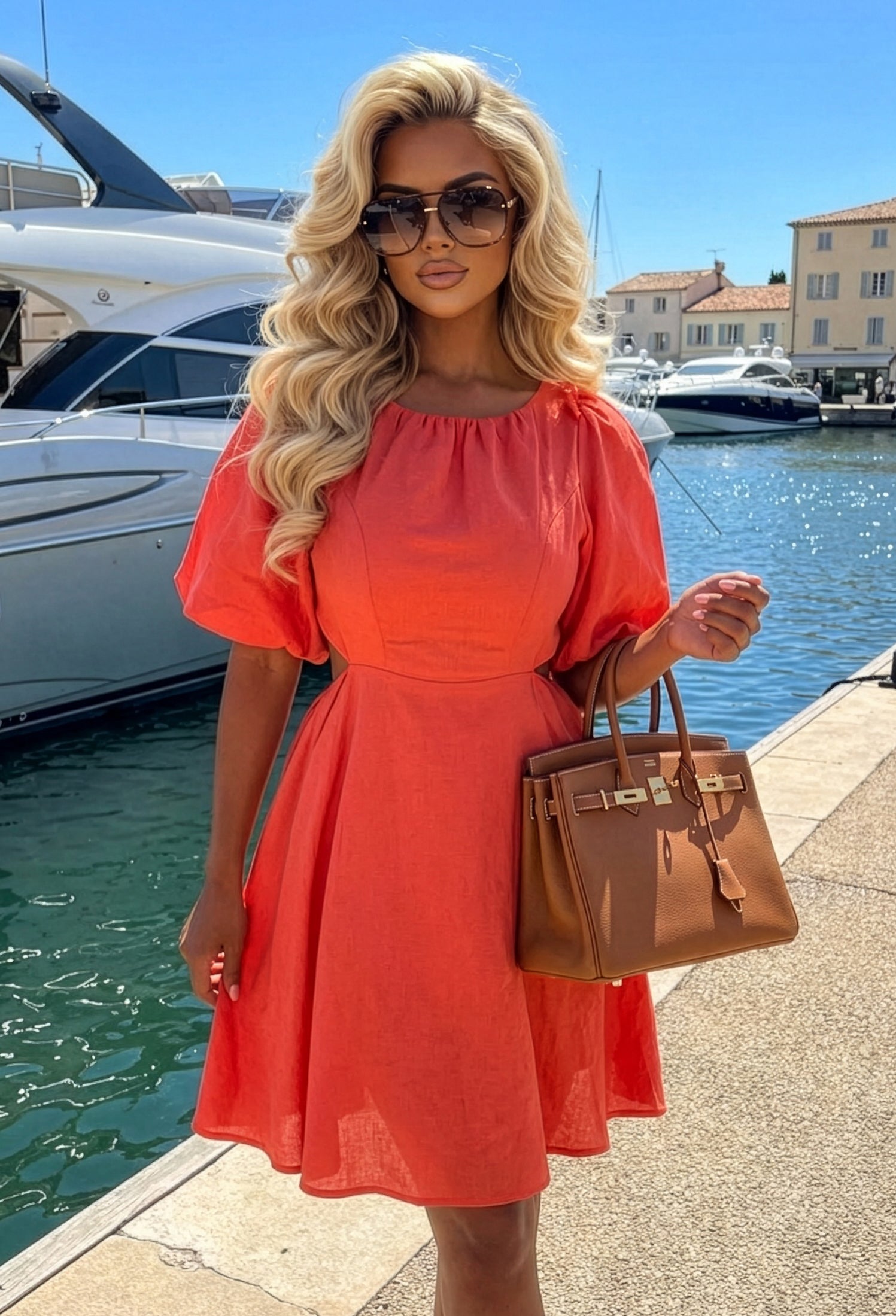 Sunbeam Babe Coral Puff Sleeve Mini Dress