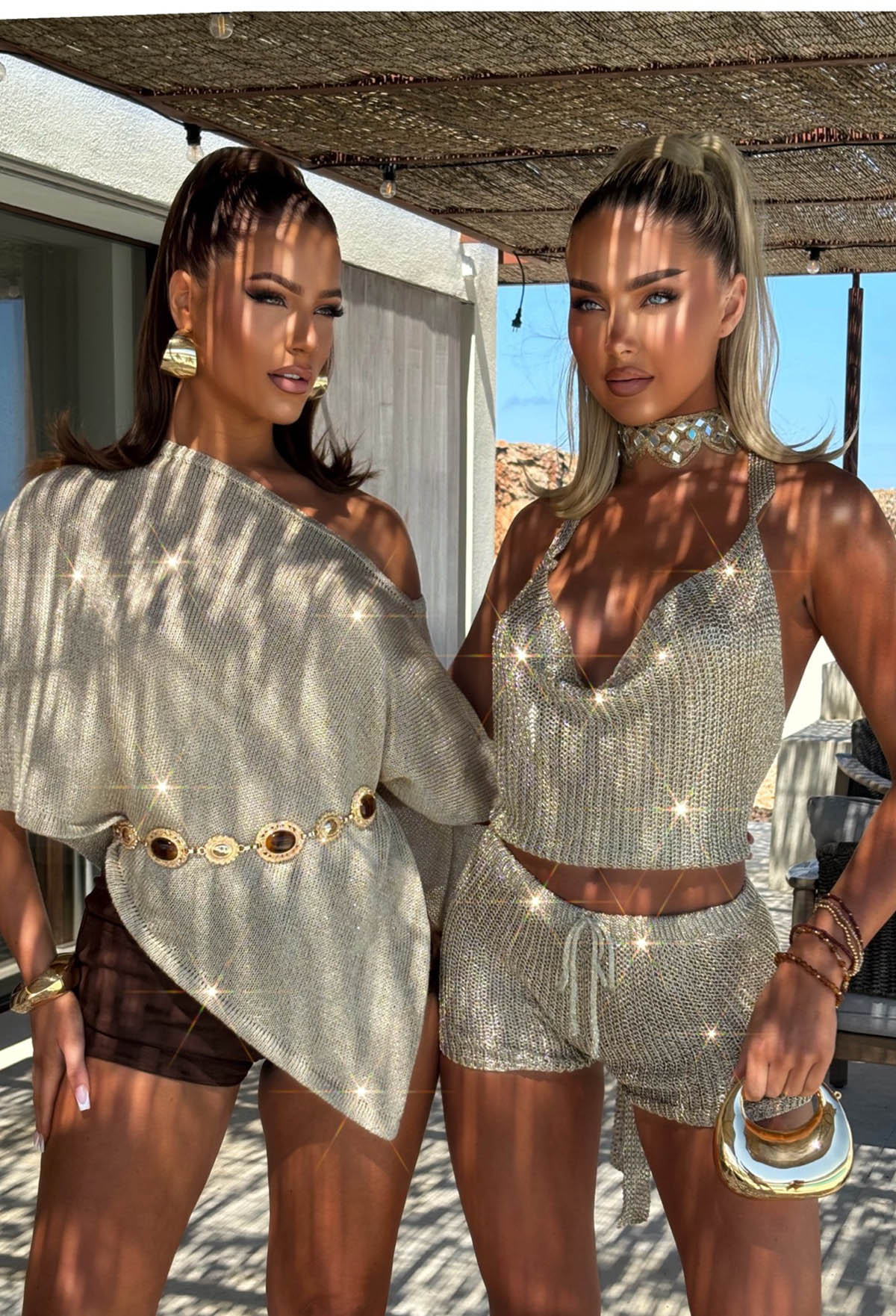 Sunlit Ember Gold Metallic Knitted Co-Ord Cover Up Set