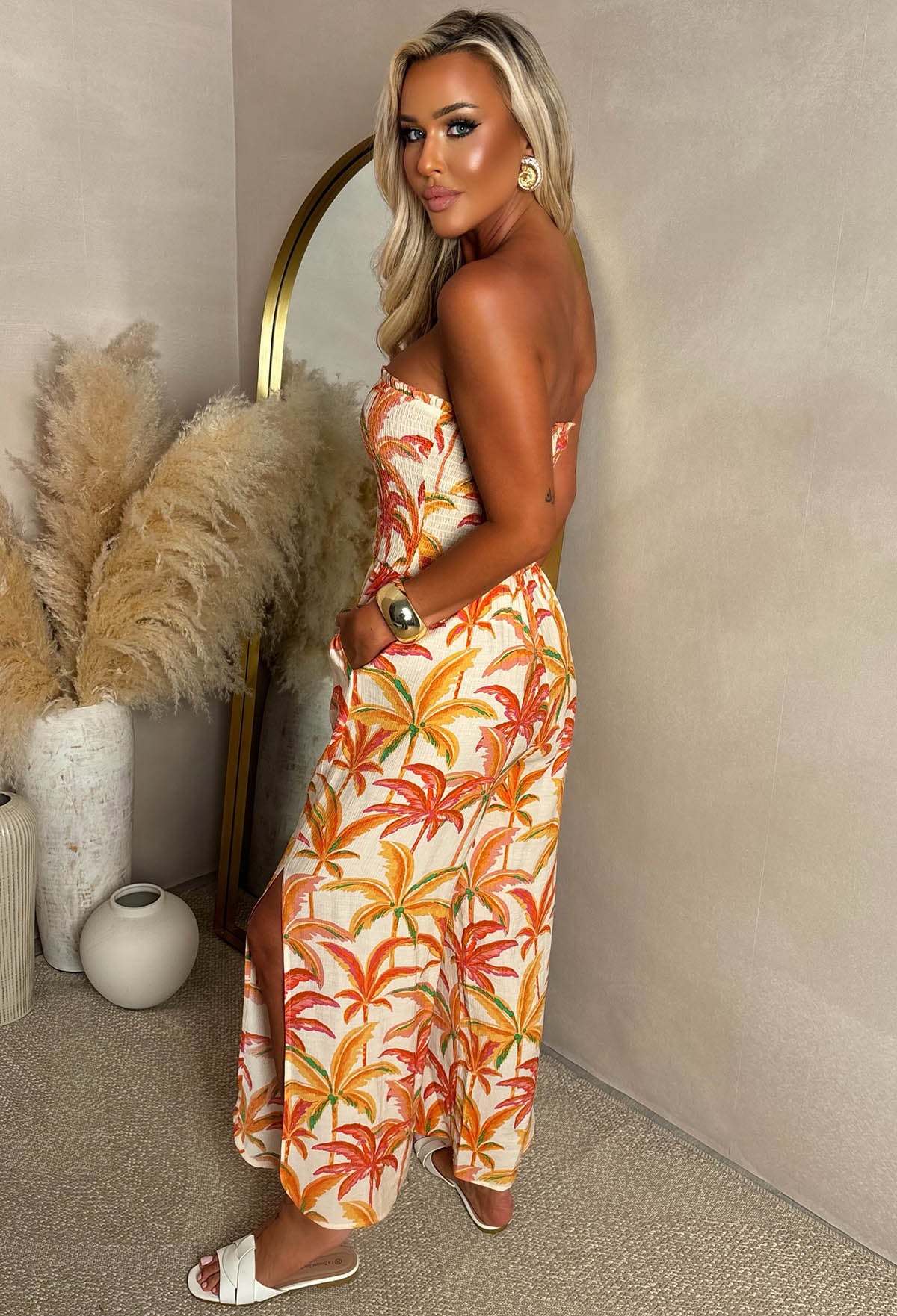 Sunlit Horizon Orange Palm Print Side Split Bandeau Jumpsuit