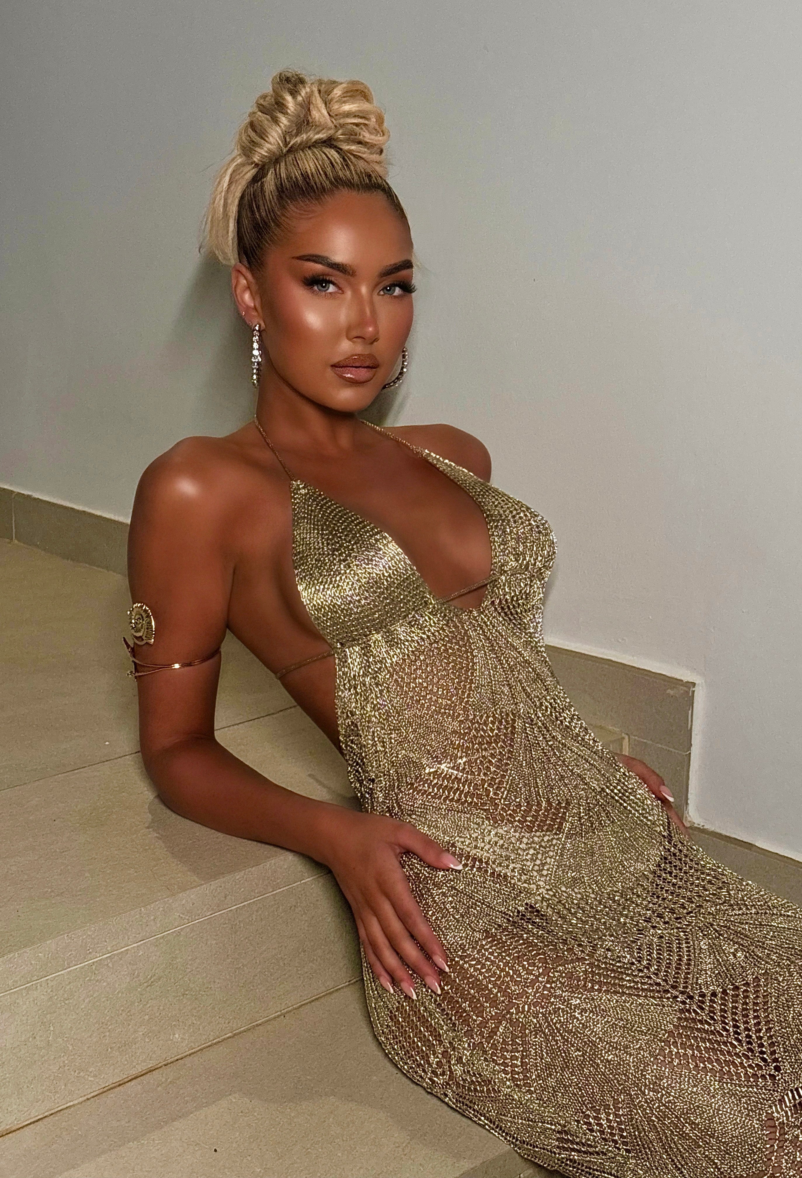 Sunlit Tides Gold Metallic Knitted Maxi Cover Up