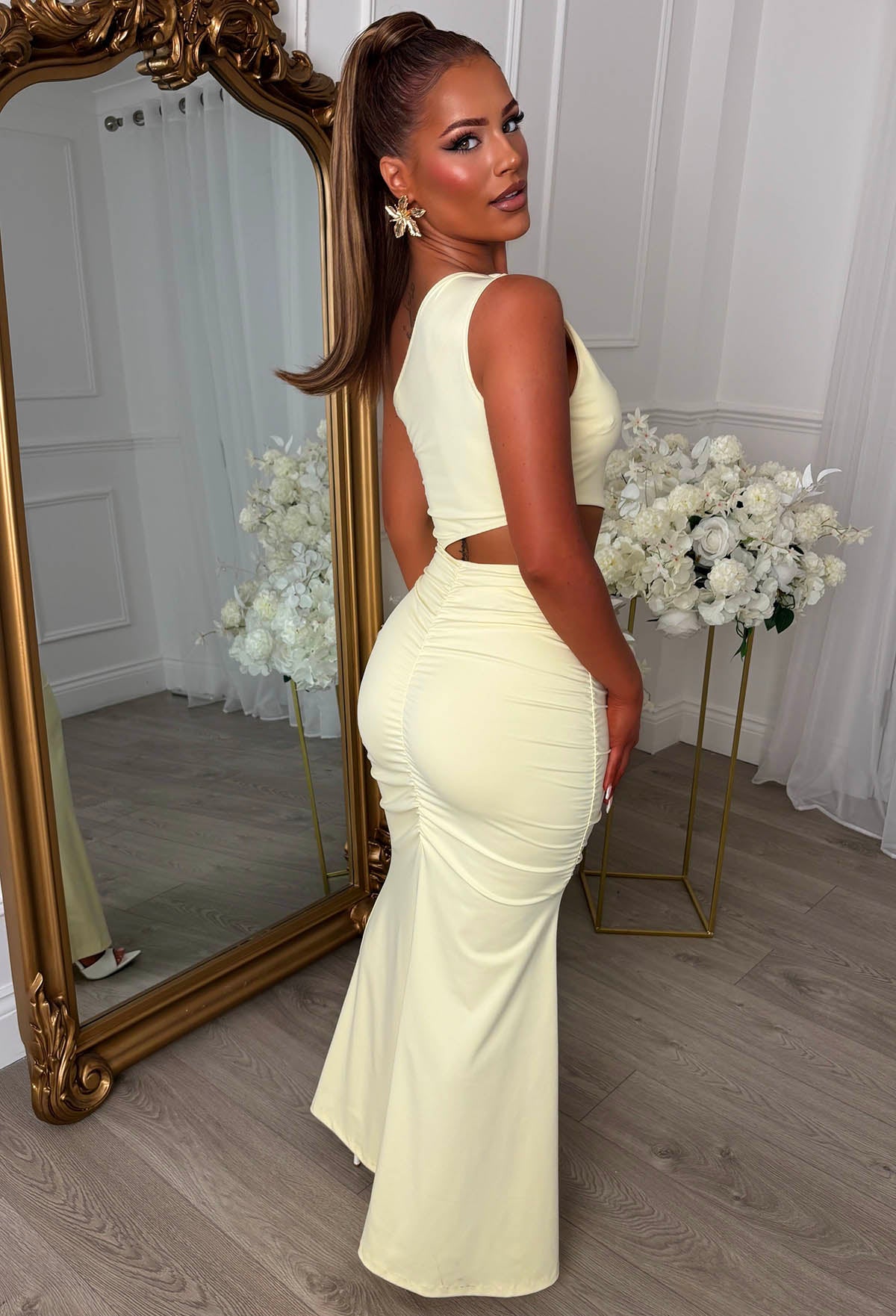 Sunset Chic Lemon Cut Out Ruched One Shoulder Maxi Dress