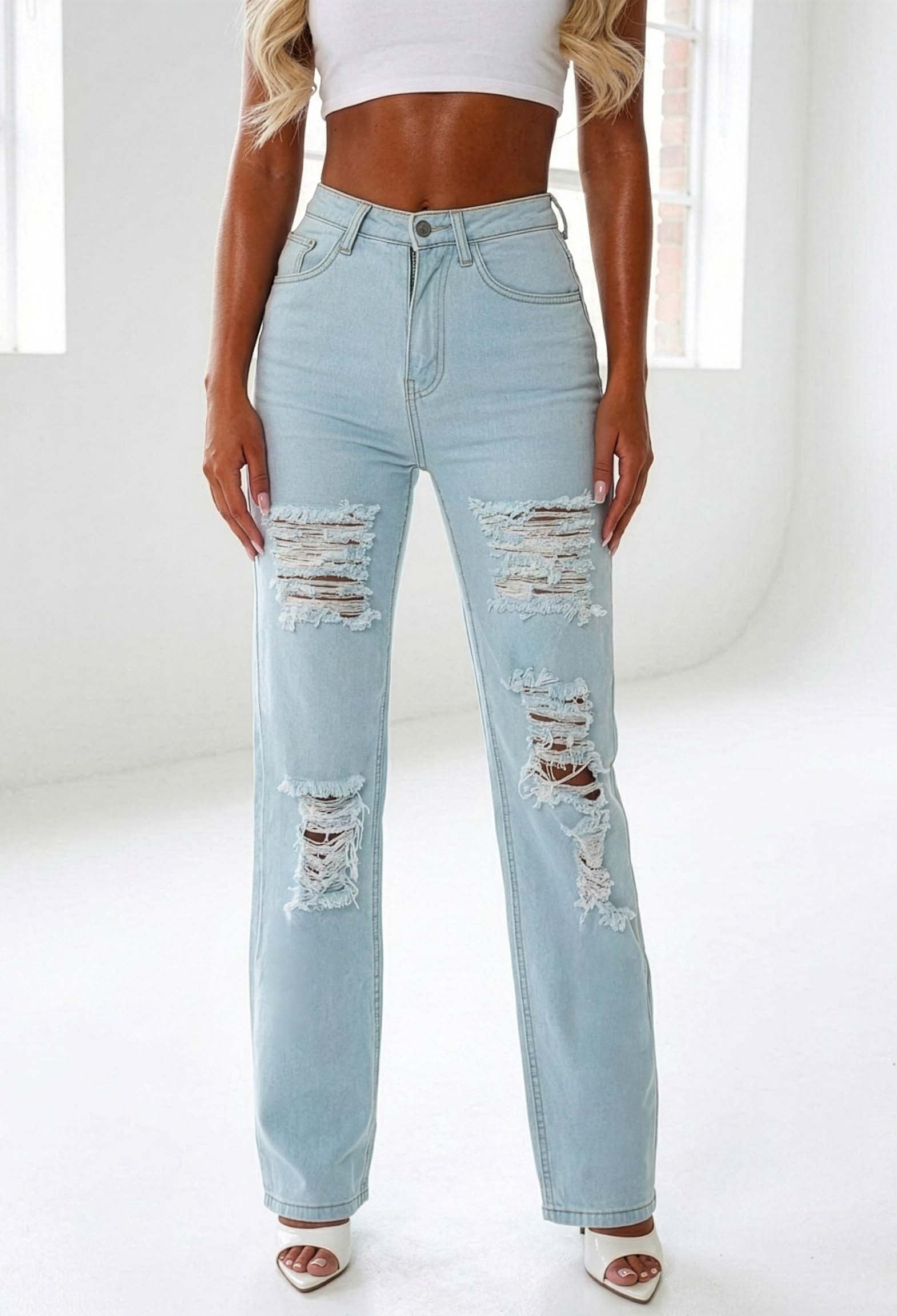 Suzie Light Wash Stretch Heavily Distressed Straight Leg Jeans