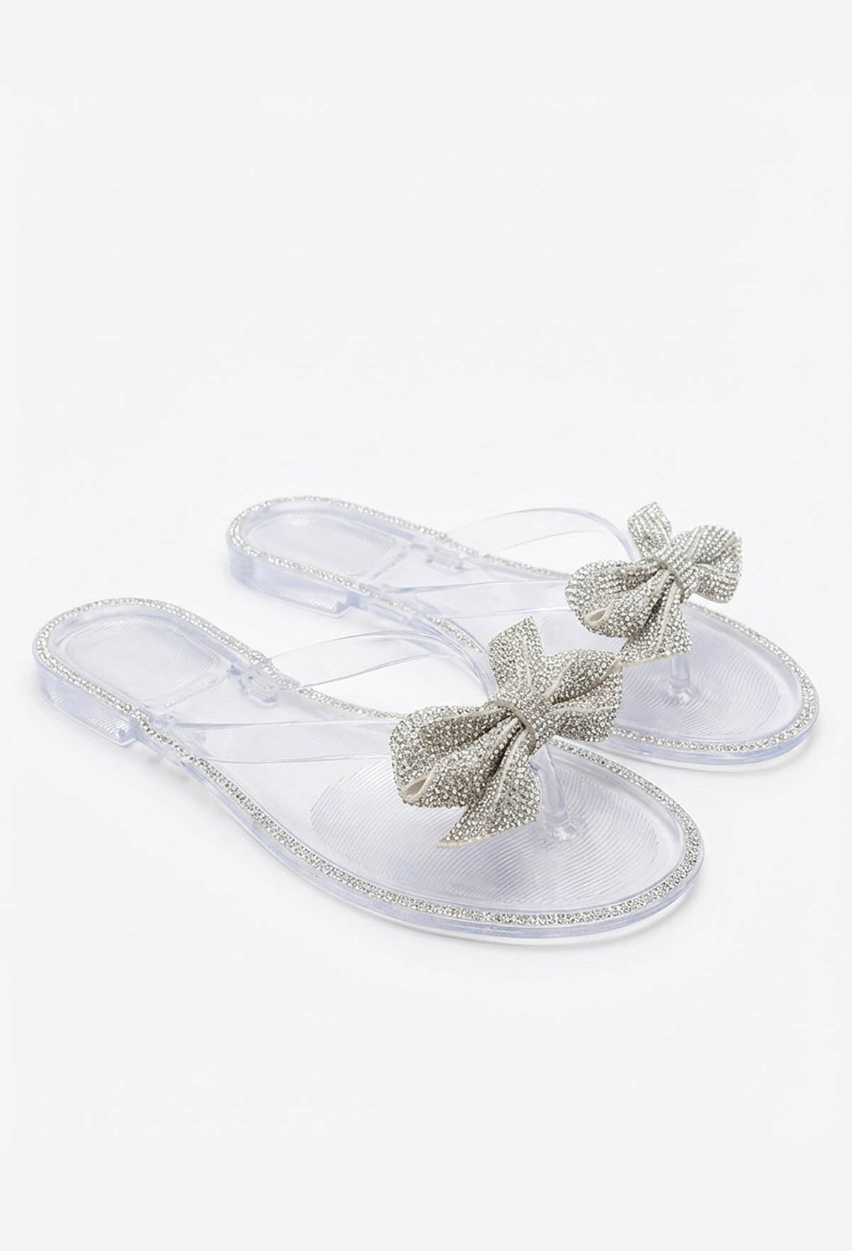 Sweet And Sleek Silver Embellished Bow Sandals