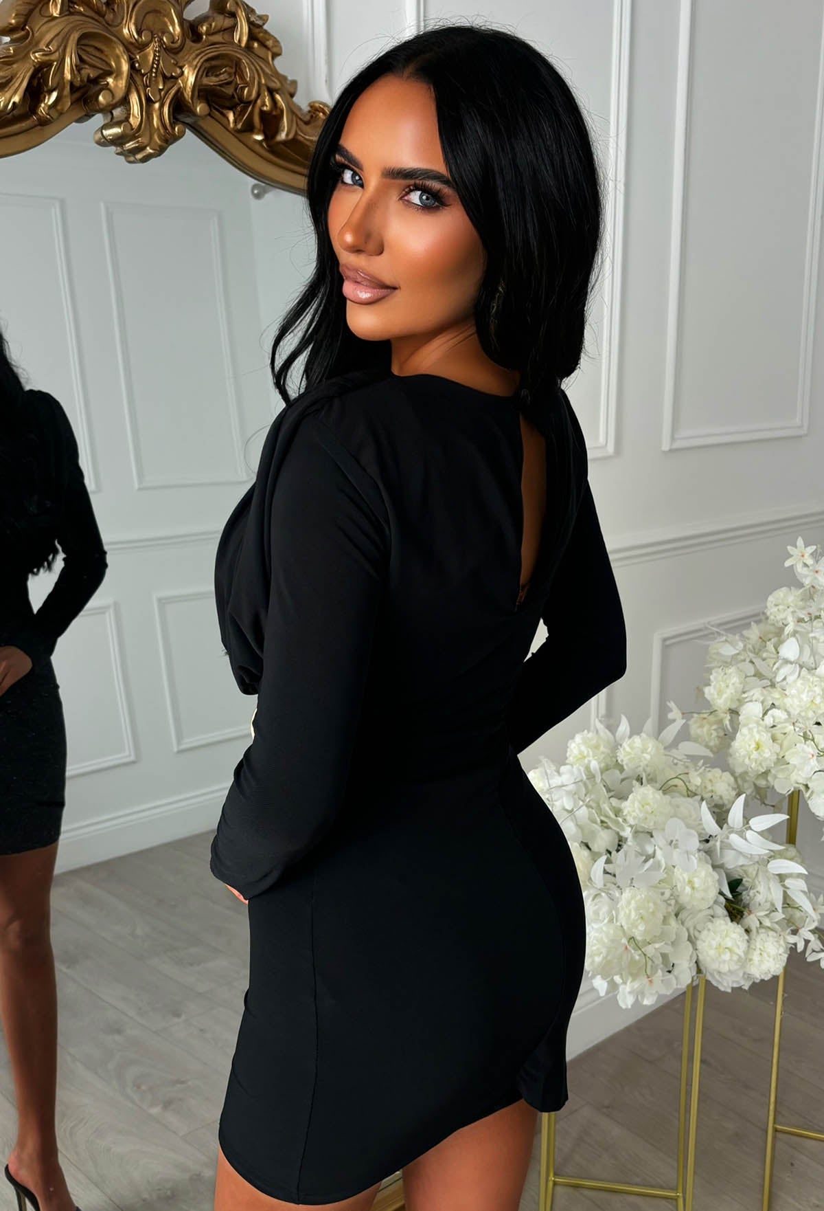 Sweet But Snatched Black Ruched Bodice Long Sleeve Mini Dress