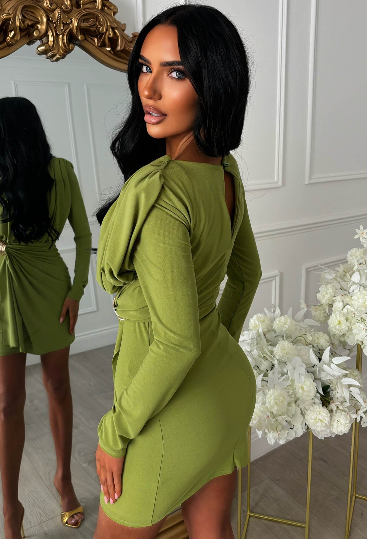 Sweet But Snatched Green Ruched Bodice Long Sleeve Mini Dress