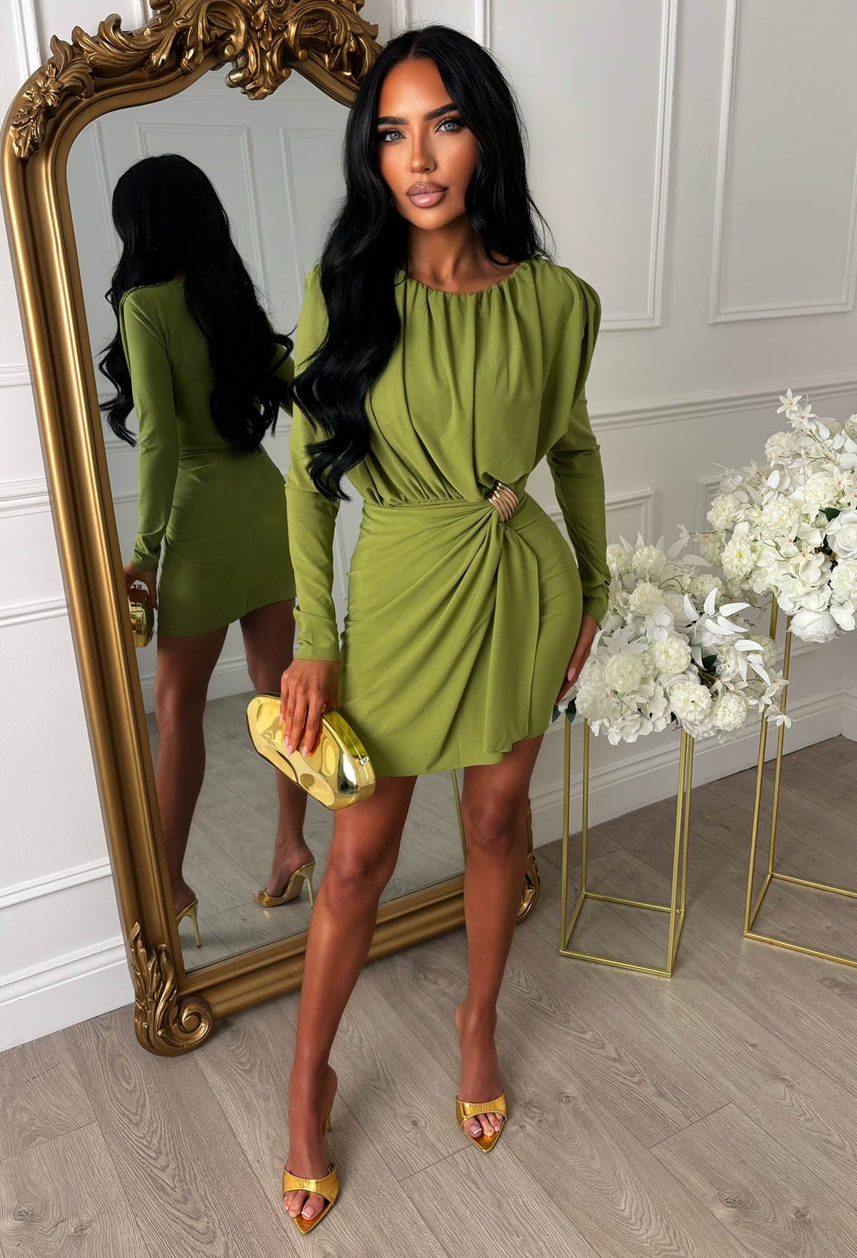 Sweet But Snatched Green Ruched Bodice Long Sleeve Mini Dress