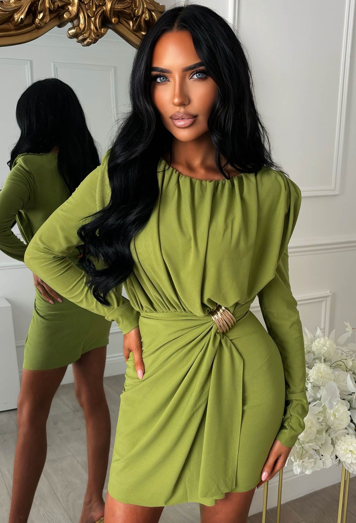 Sweet But Snatched Green Ruched Bodice Long Sleeve Mini Dress