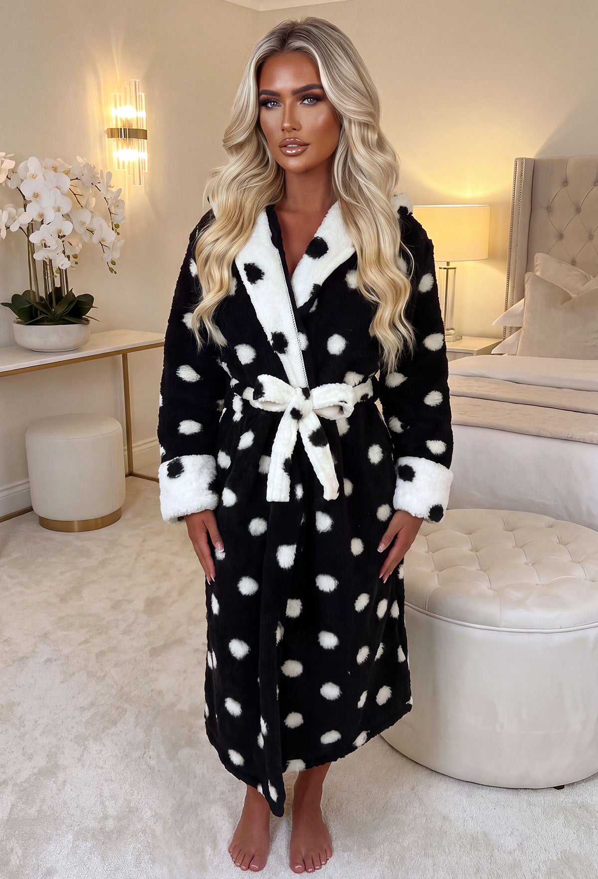 Black polka dot dressing gown with a fluffy texture, shawl collar, tie waist and contrast cuffs.