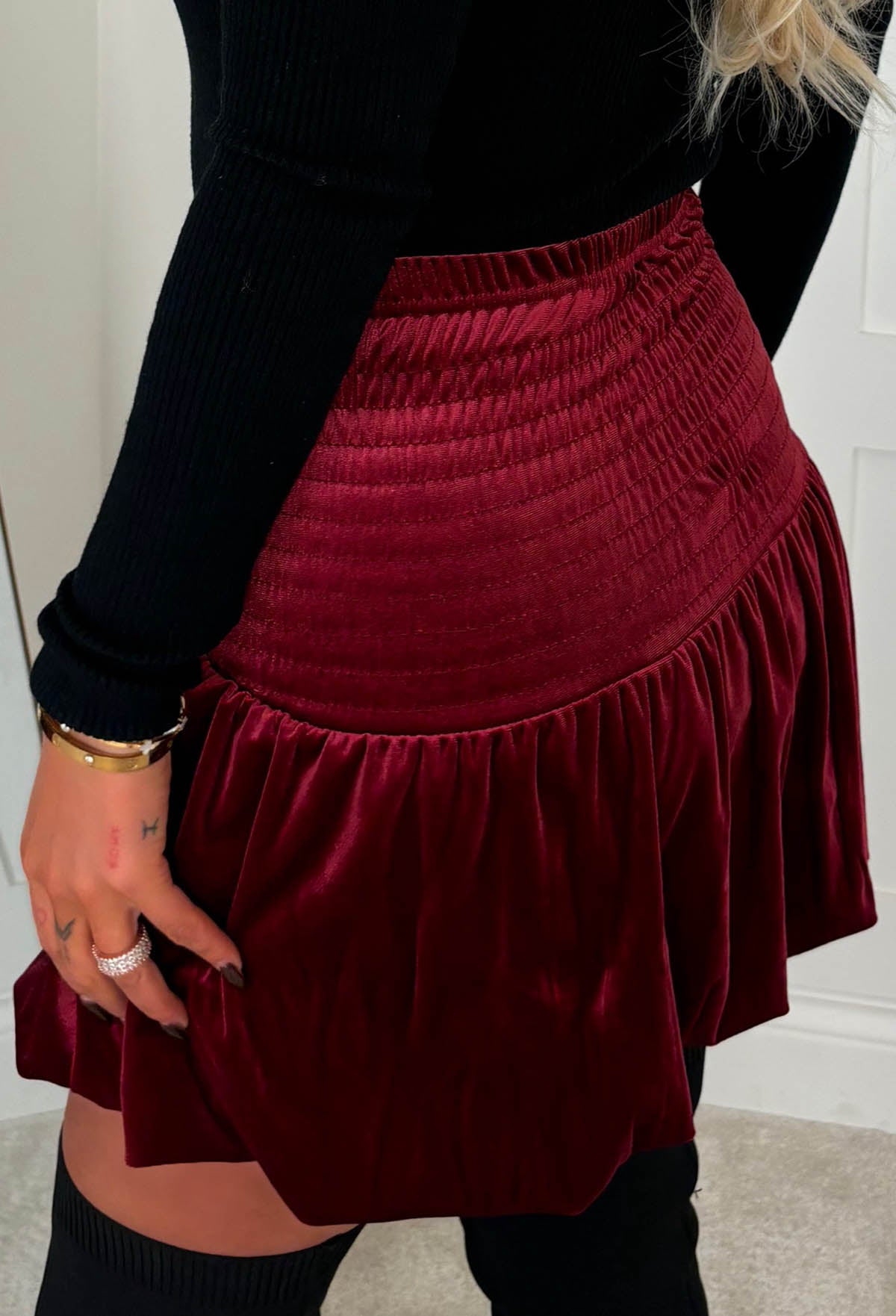 Sweet Embrace Burgundy Velvet Puff Ball Skirt