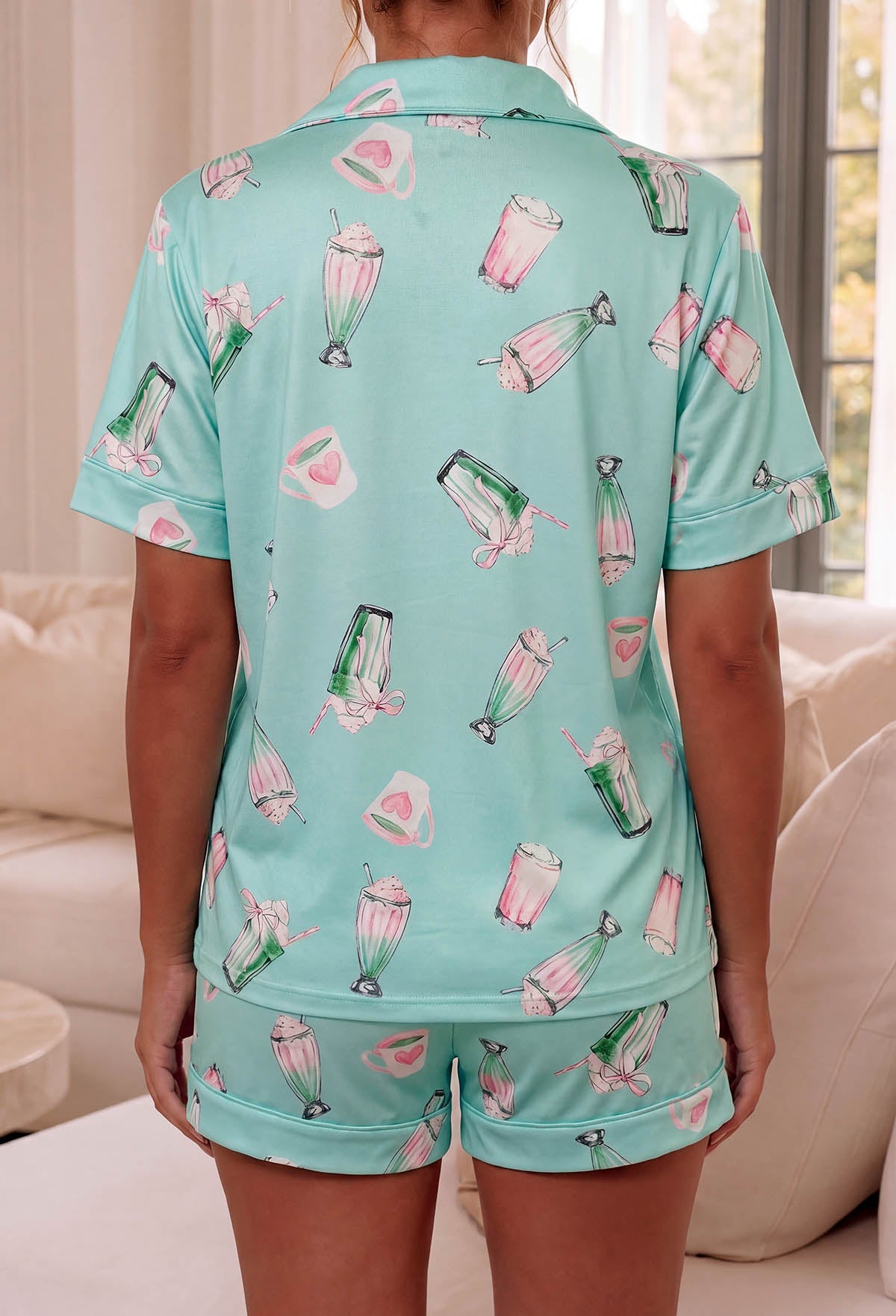 Matcha Green Strawberry Matcha Print Short Sleeve Pyjama Set Close Up Back View Detail