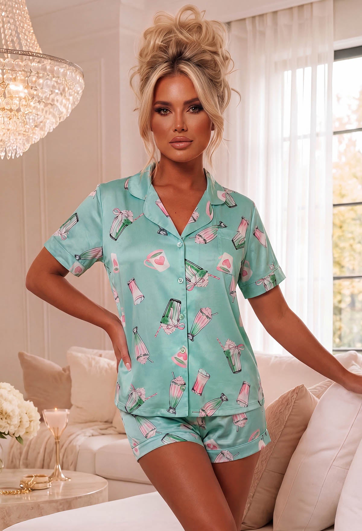 Matcha Green Strawberry Matcha Print Short Sleeve Pyjama Set Close Up Front View