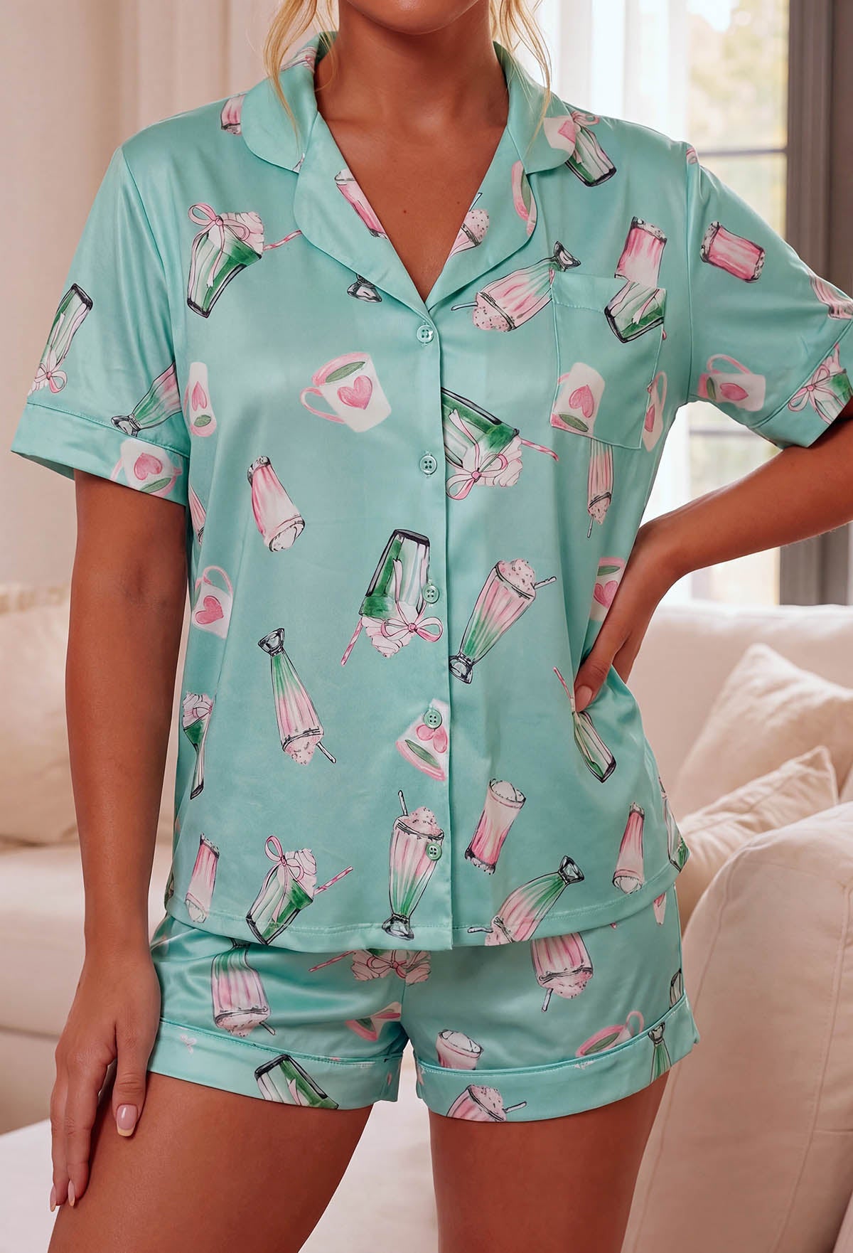 Matcha Green Strawberry Matcha Print Short Sleeve Pyjama Set Close Up Front View Detail
