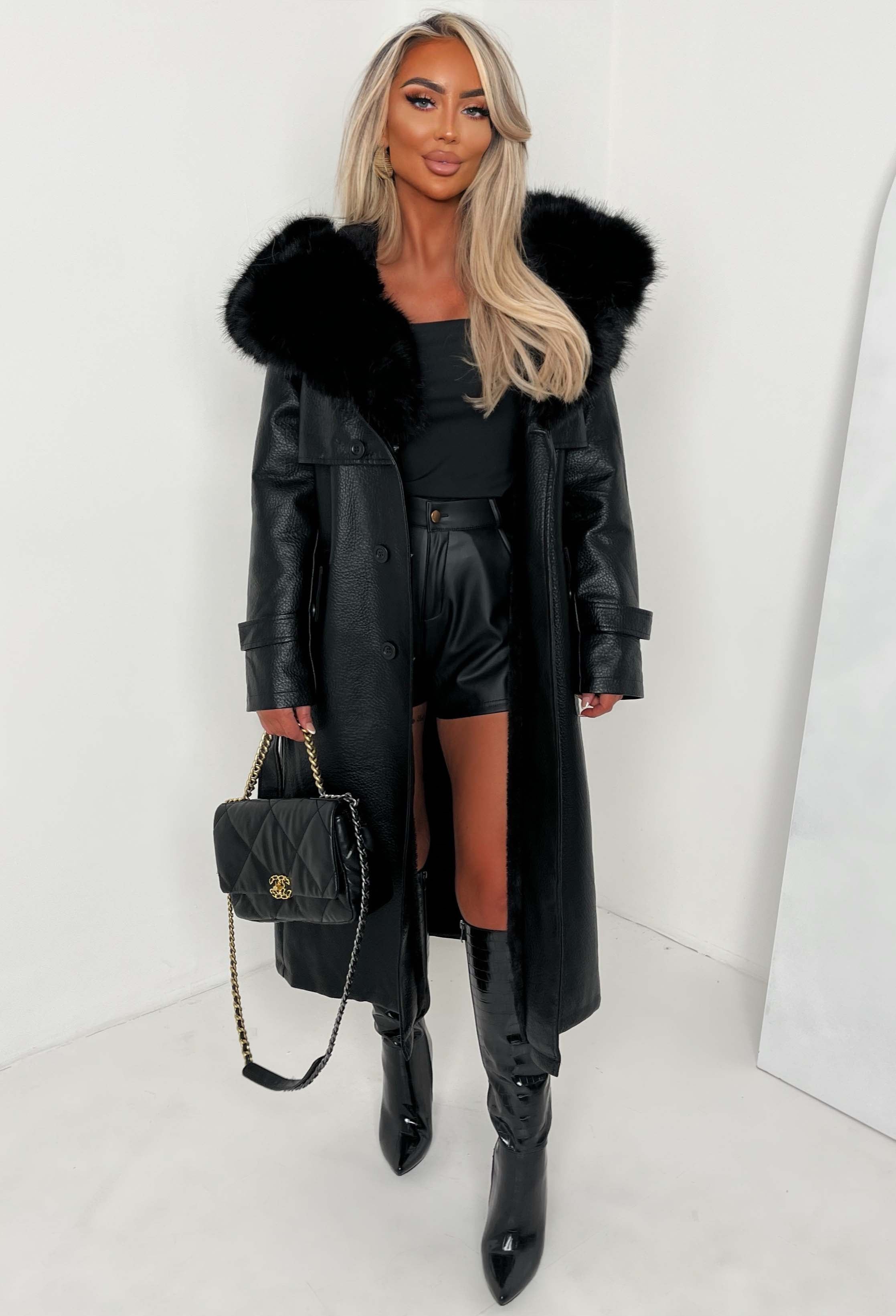 Sweet & Snug Black Faux Leather Faux Fur Trench Coat