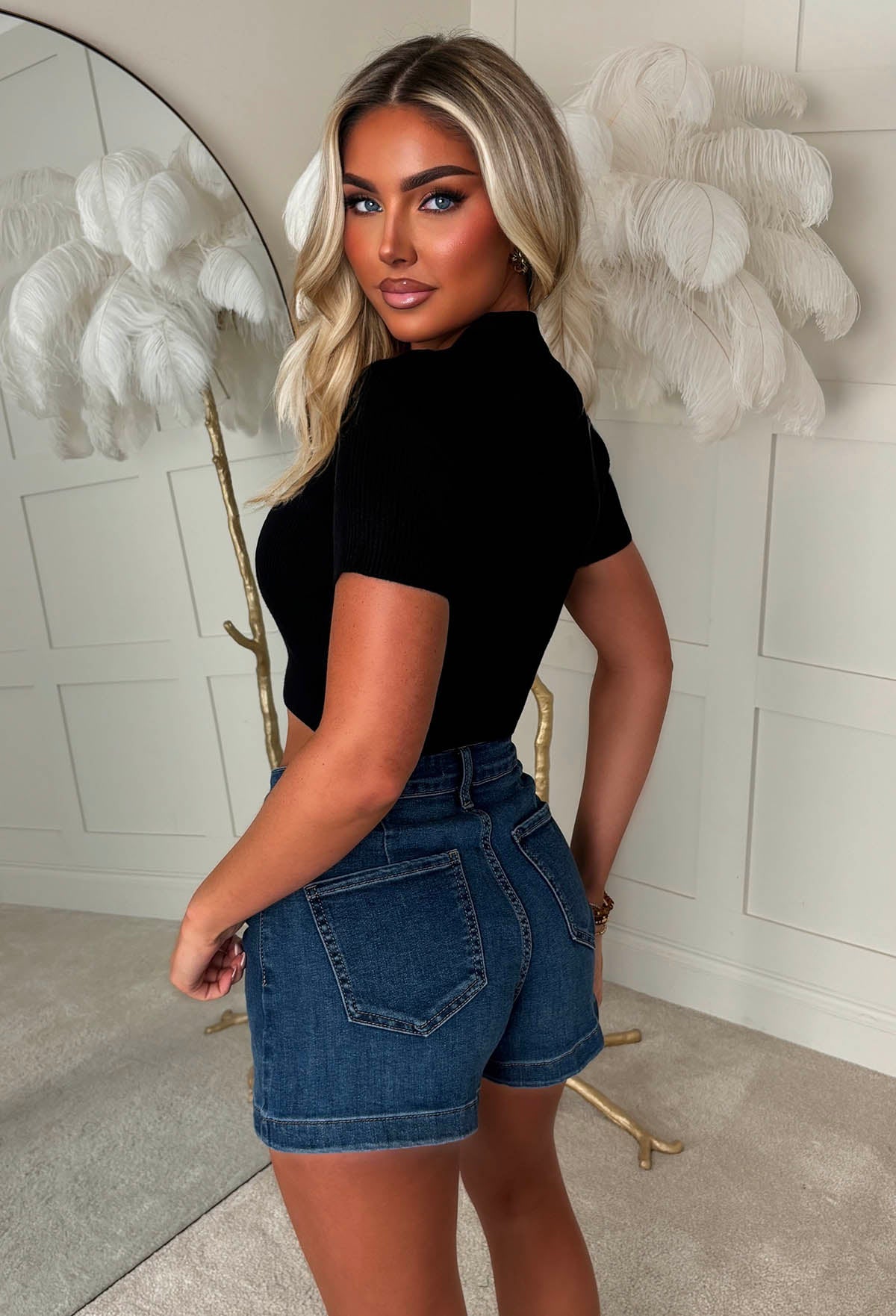 Black V-neck Collared Ribbed Top Back