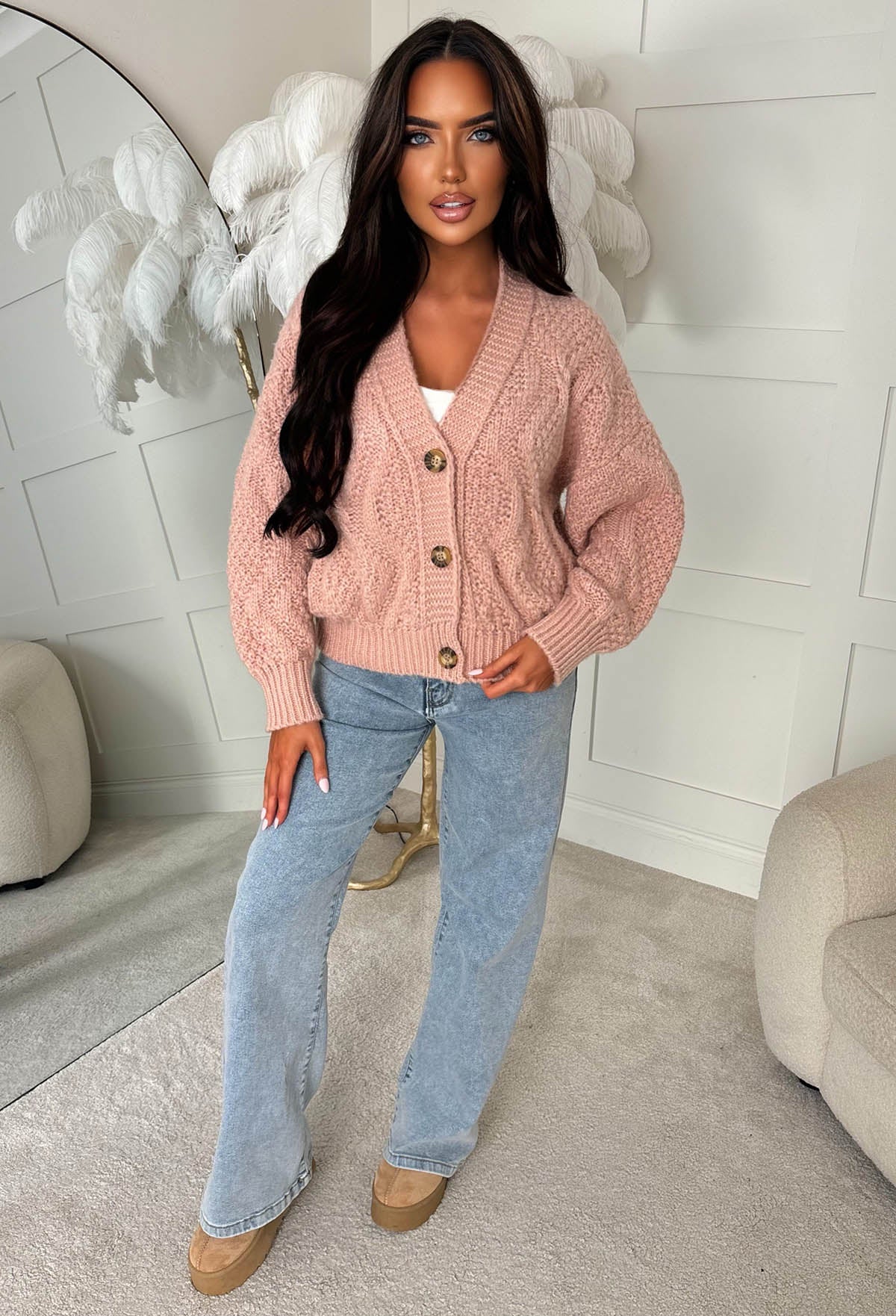 Taylor Baby Pink Chunky Cable Knitted Cardigan