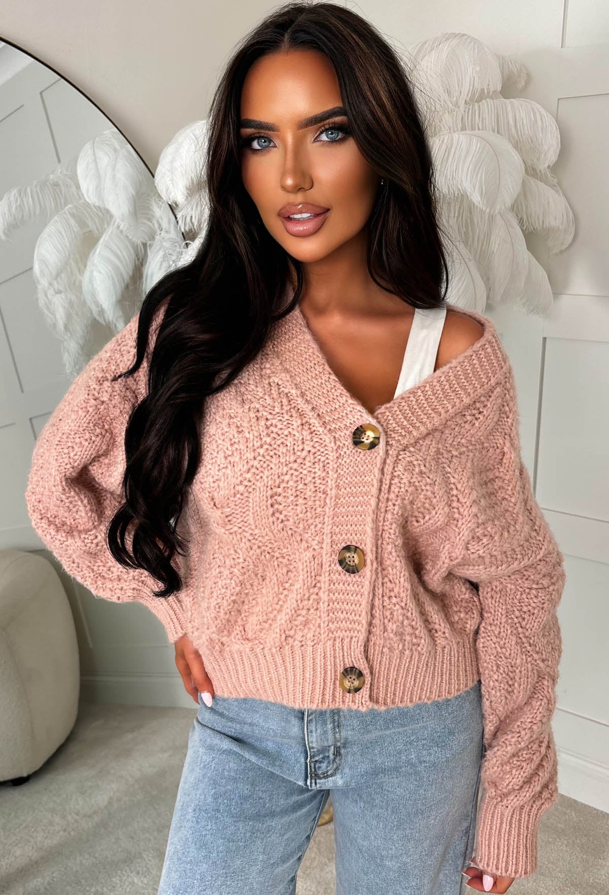Taylor Baby Pink Chunky Cable Knitted Cardigan