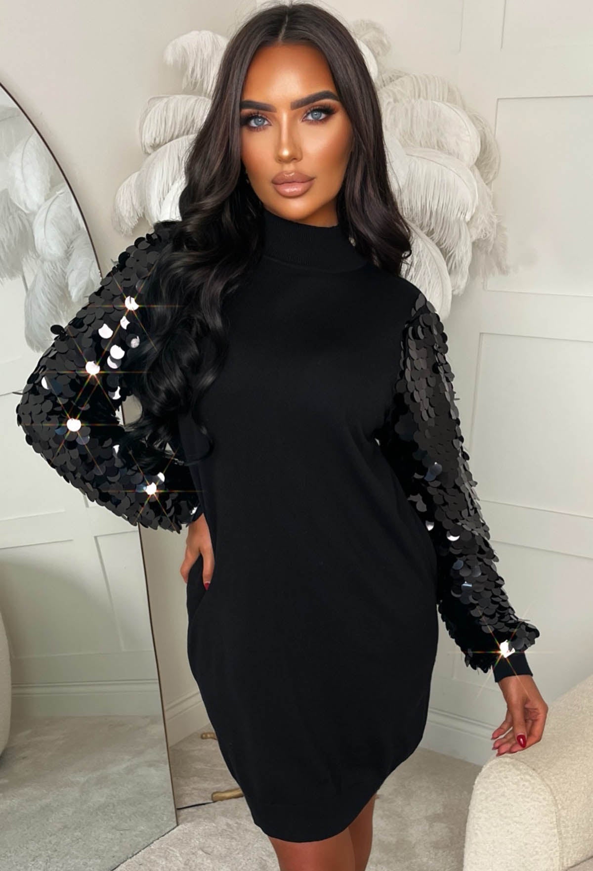 Tease Factor Black Sequin Sleeve Knitted Jumper Dress