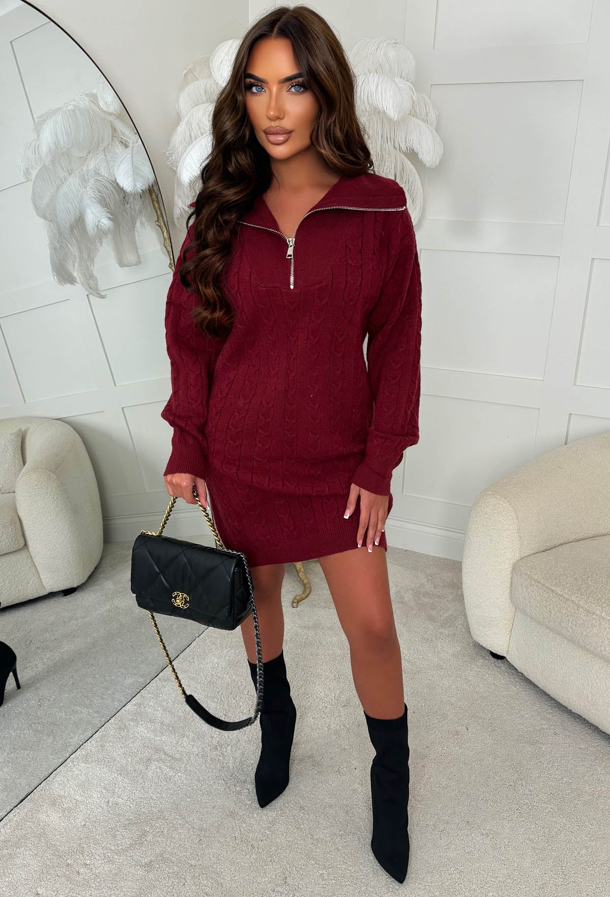 Temptress Touch Burgundy Ultra Soft Quarter Zip Cable Jumper Dress