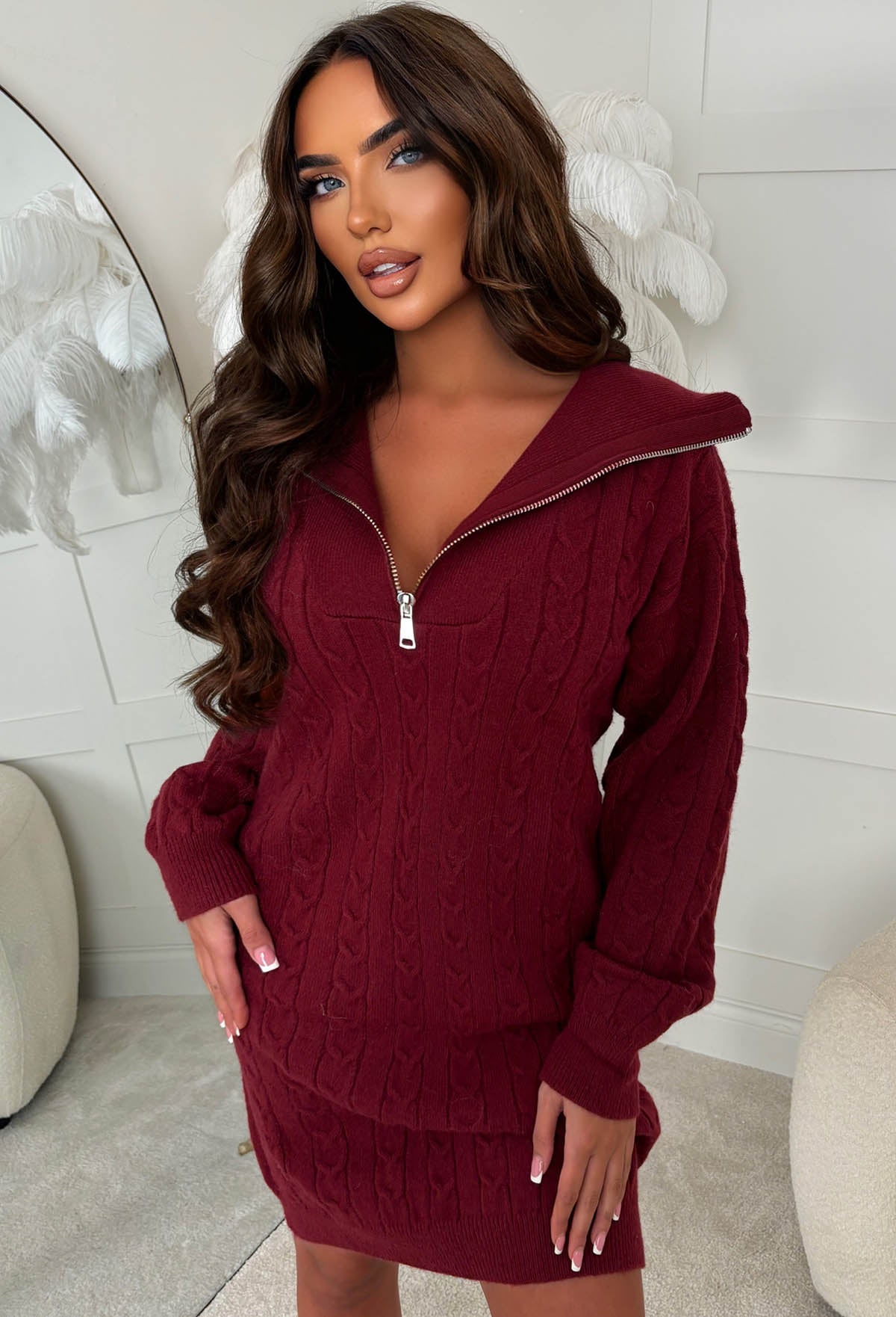 Temptress Touch Burgundy Ultra Soft Quarter Zip Cable Jumper Dress