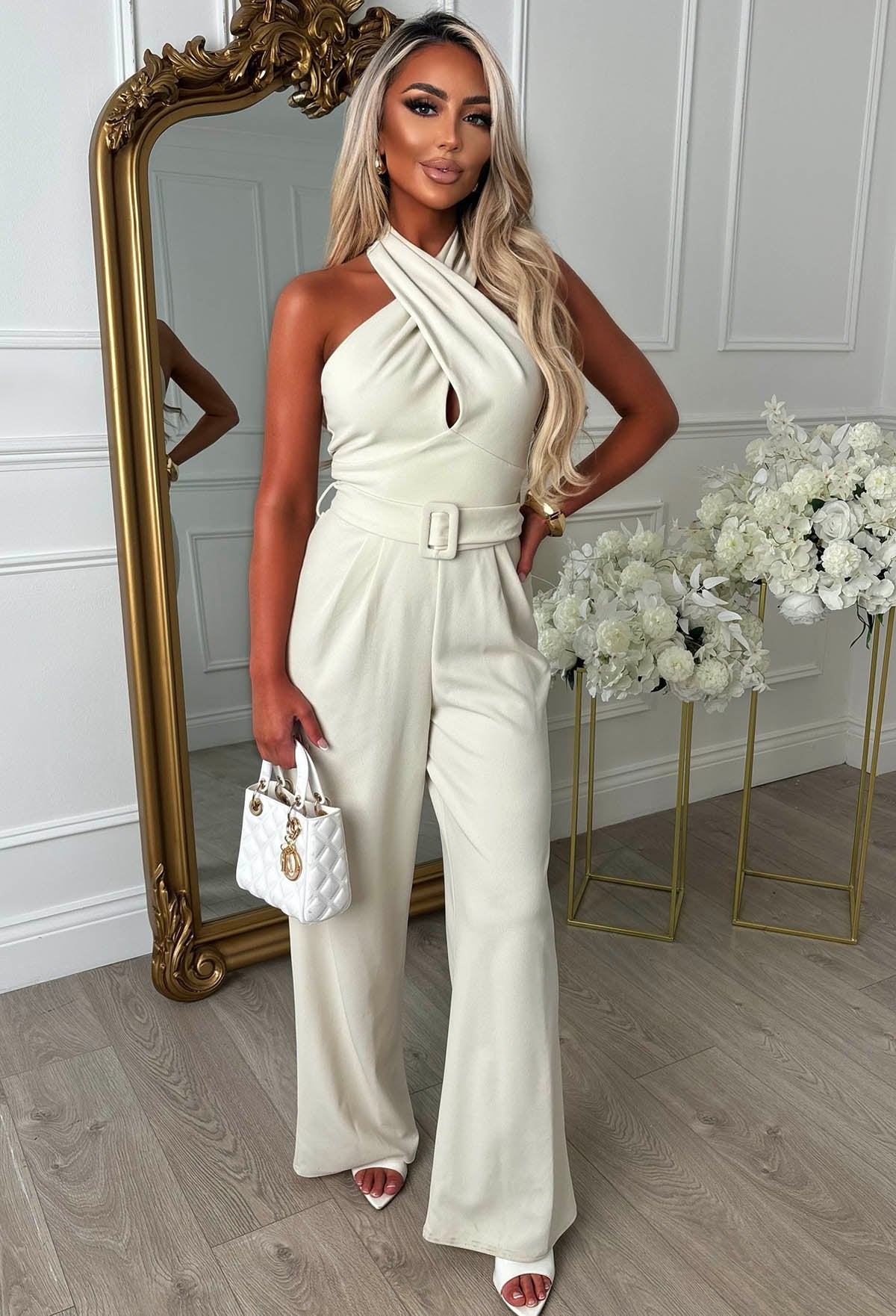 Tied Temptation Cream Cross Over Halter Belted Jumpsuit