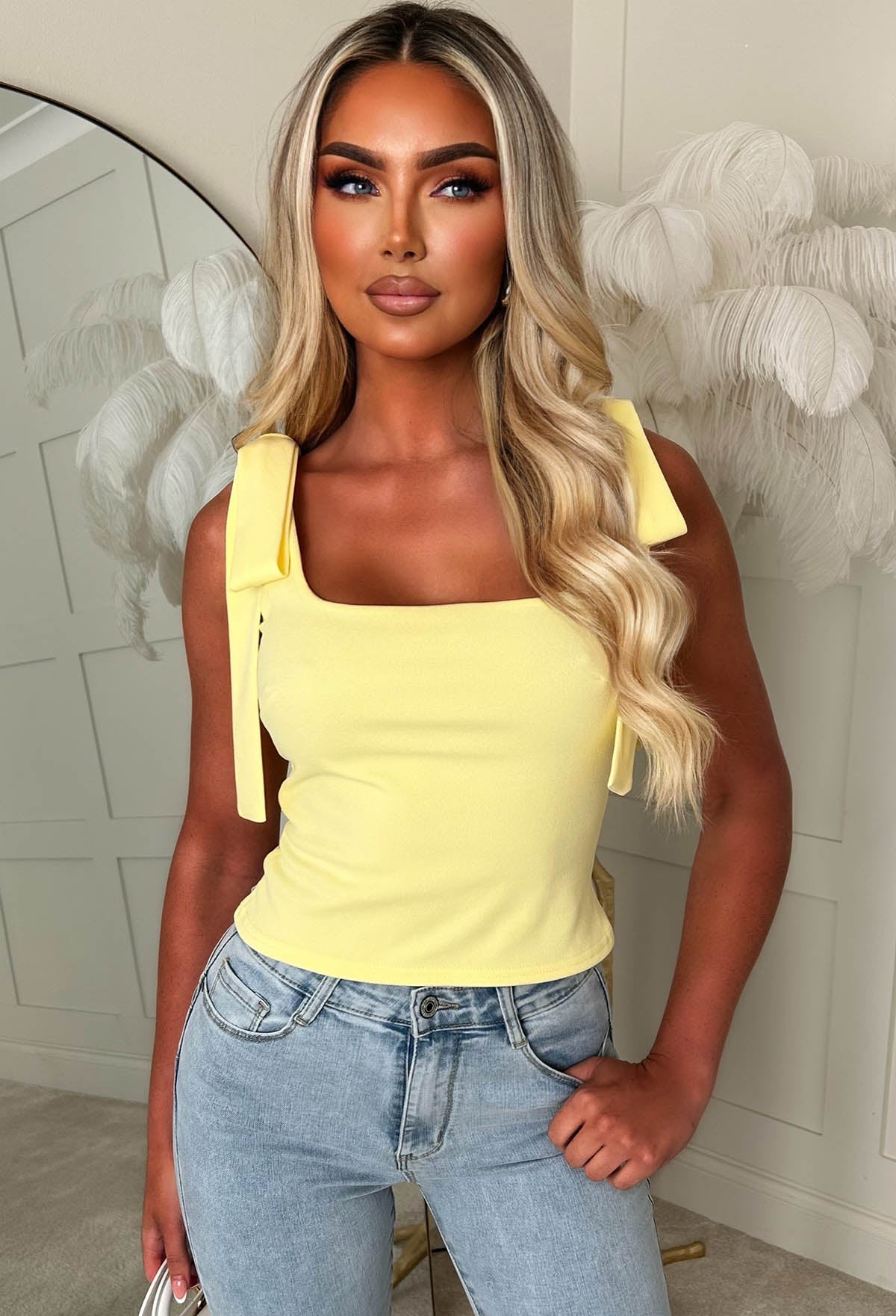 Tied Temptress Yellow Bow Shoulder Top